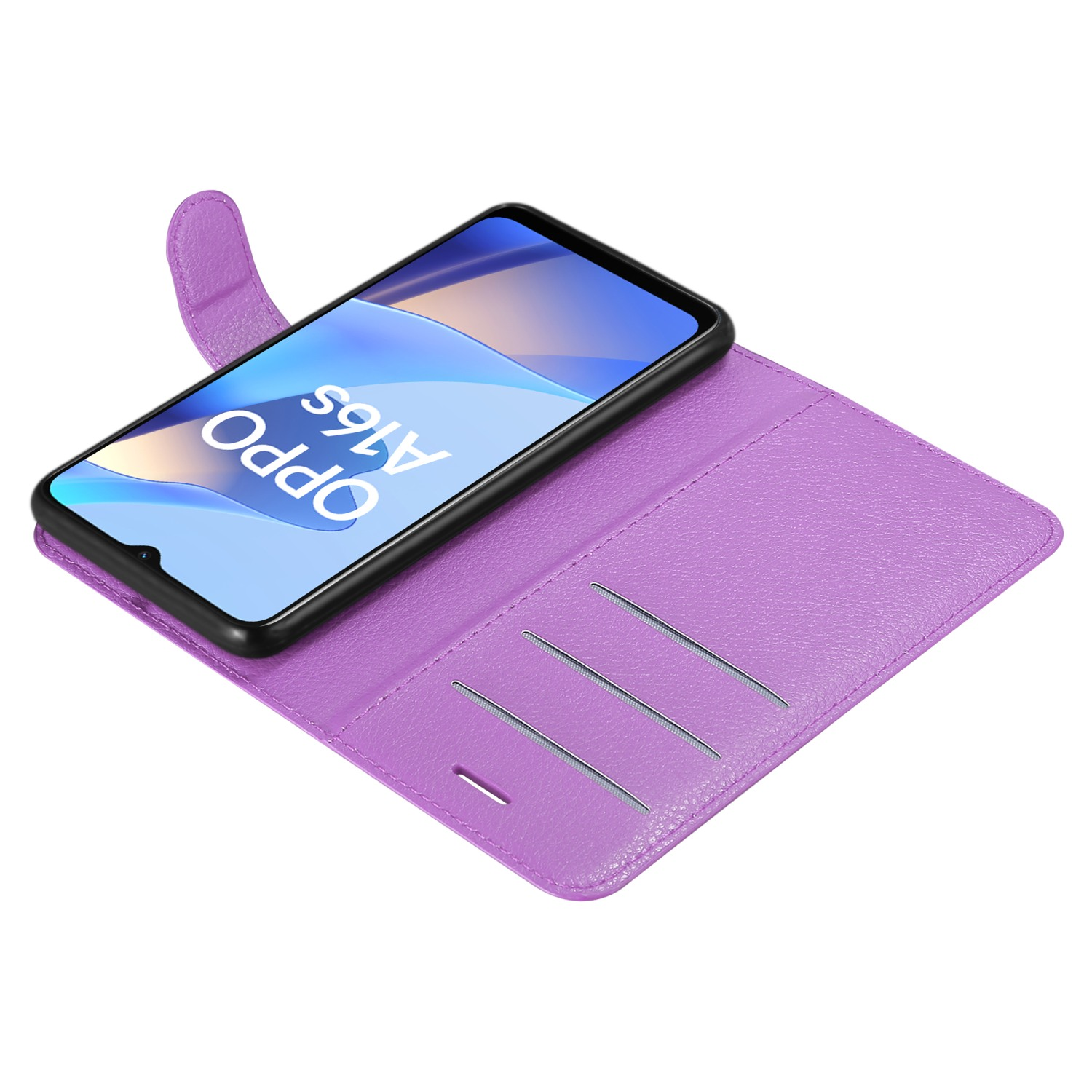 Un portafoglio viola per custodia del telefono è aperto, con un telefono all'interno.
