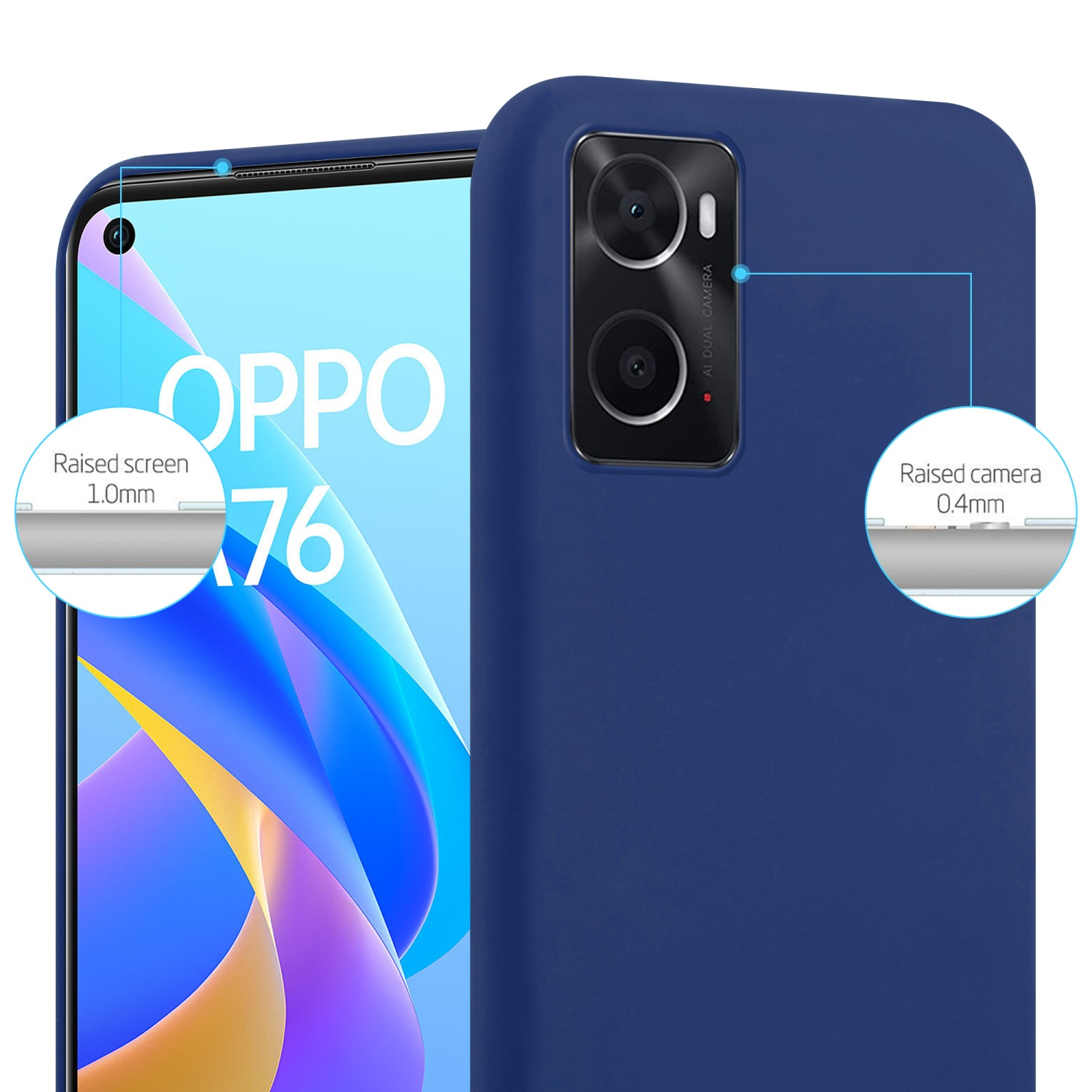 Eine blaue Handyhülle mit einem OPPO-Telefon darin. Die Hülle hat Aussparungen für Kamera und Bildschirm.