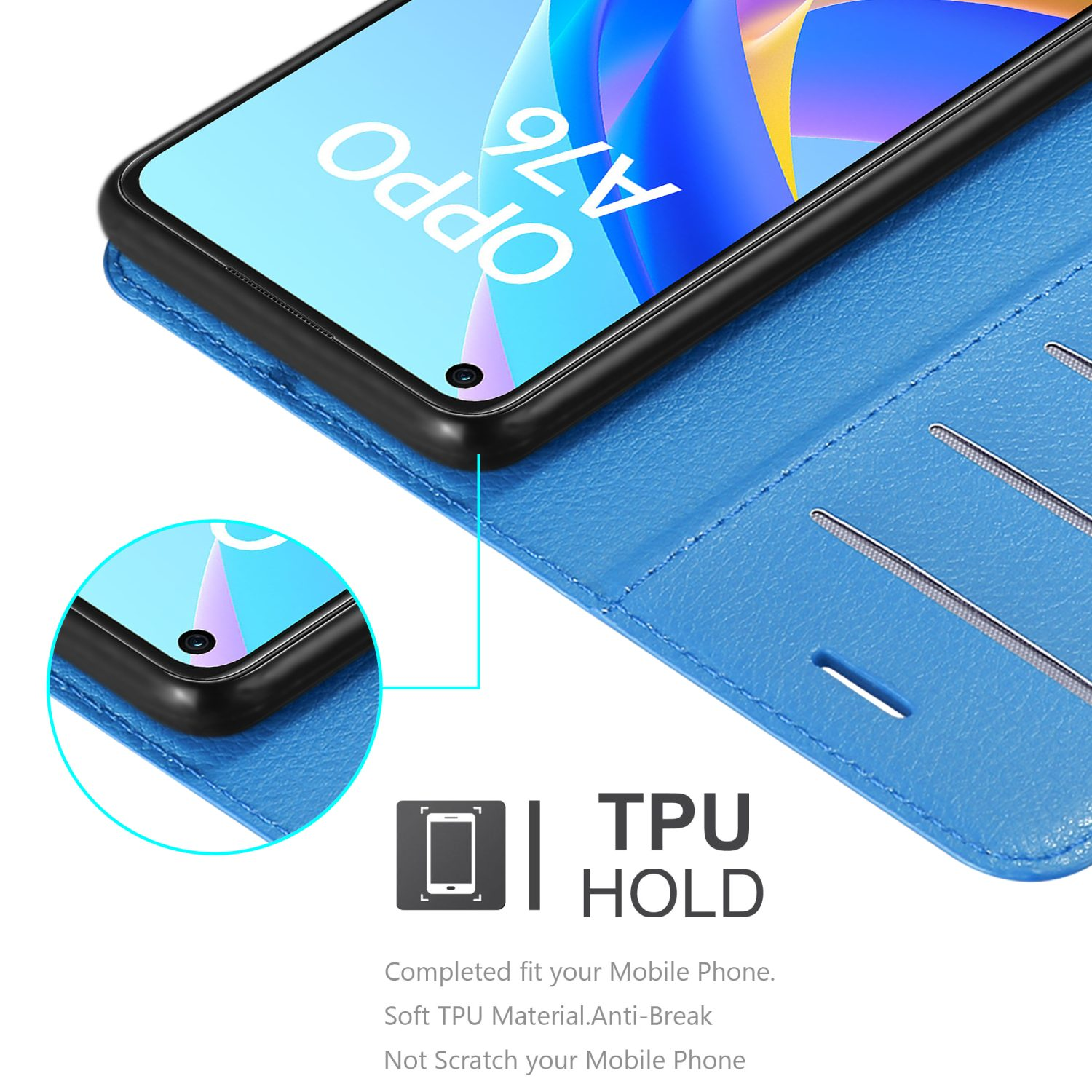 Custodia blu con telefono dentro. Il testo dice 'TPU HOLD' e dettagli del prodotto.