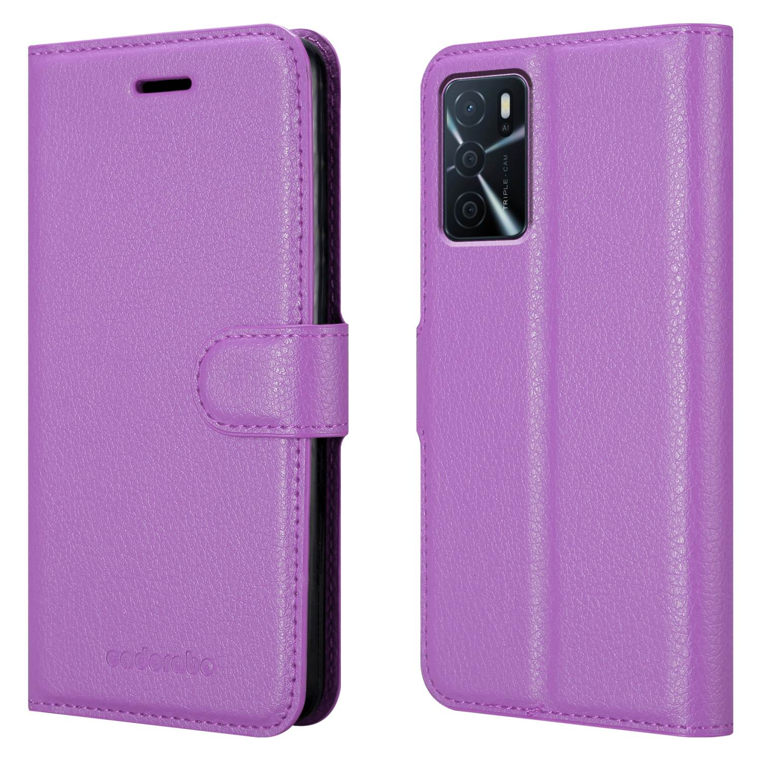 Custodia per telefono viola, chiusa e aperta. La custodia aperta mostra il telefono, con un rigonfiamento della fotocamera.