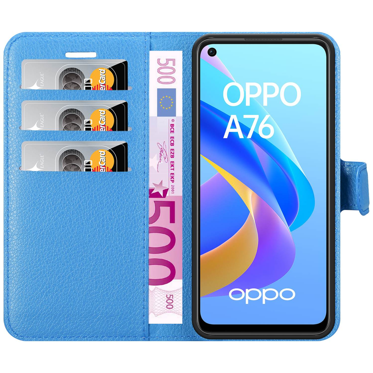 Custodia blu aperta con carte di credito e banconota da 500 euro. Il telefono mostra OPPO A76.