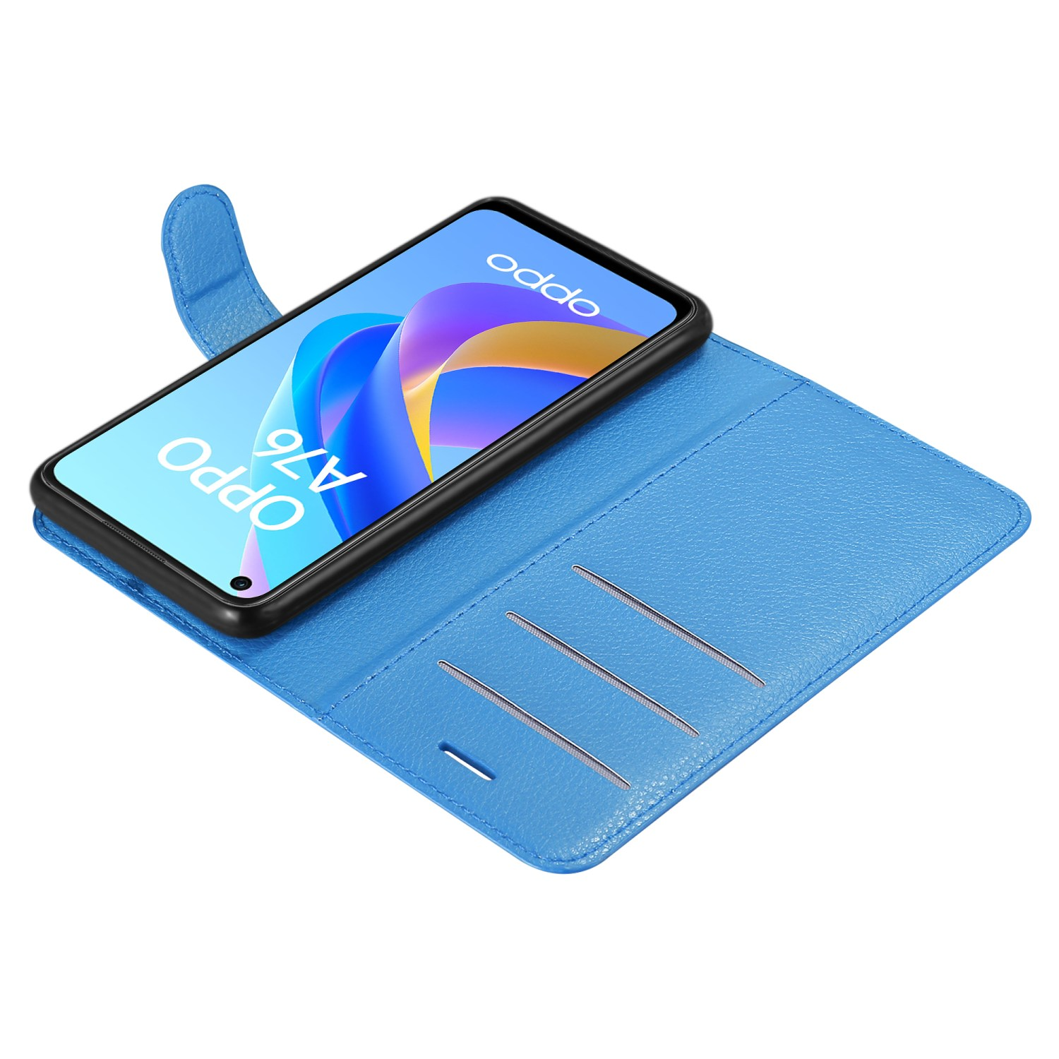 Custodia per telefono blu aperta con un telefono Oppo A76 all'interno. Custodia blu. Sfondo bianco.