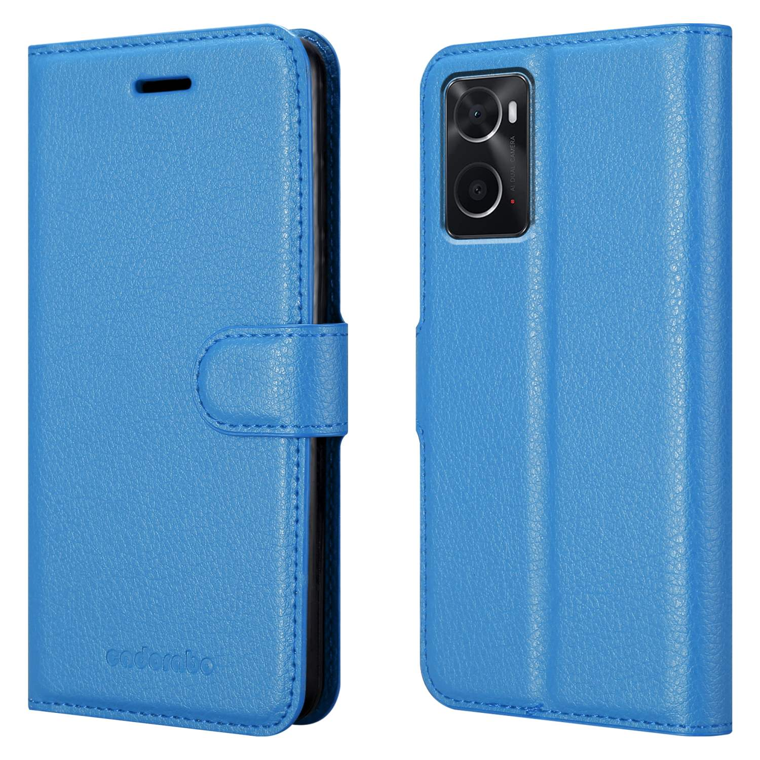 Custodia blu, chiusa e aperta, con telefono visibile all'interno.