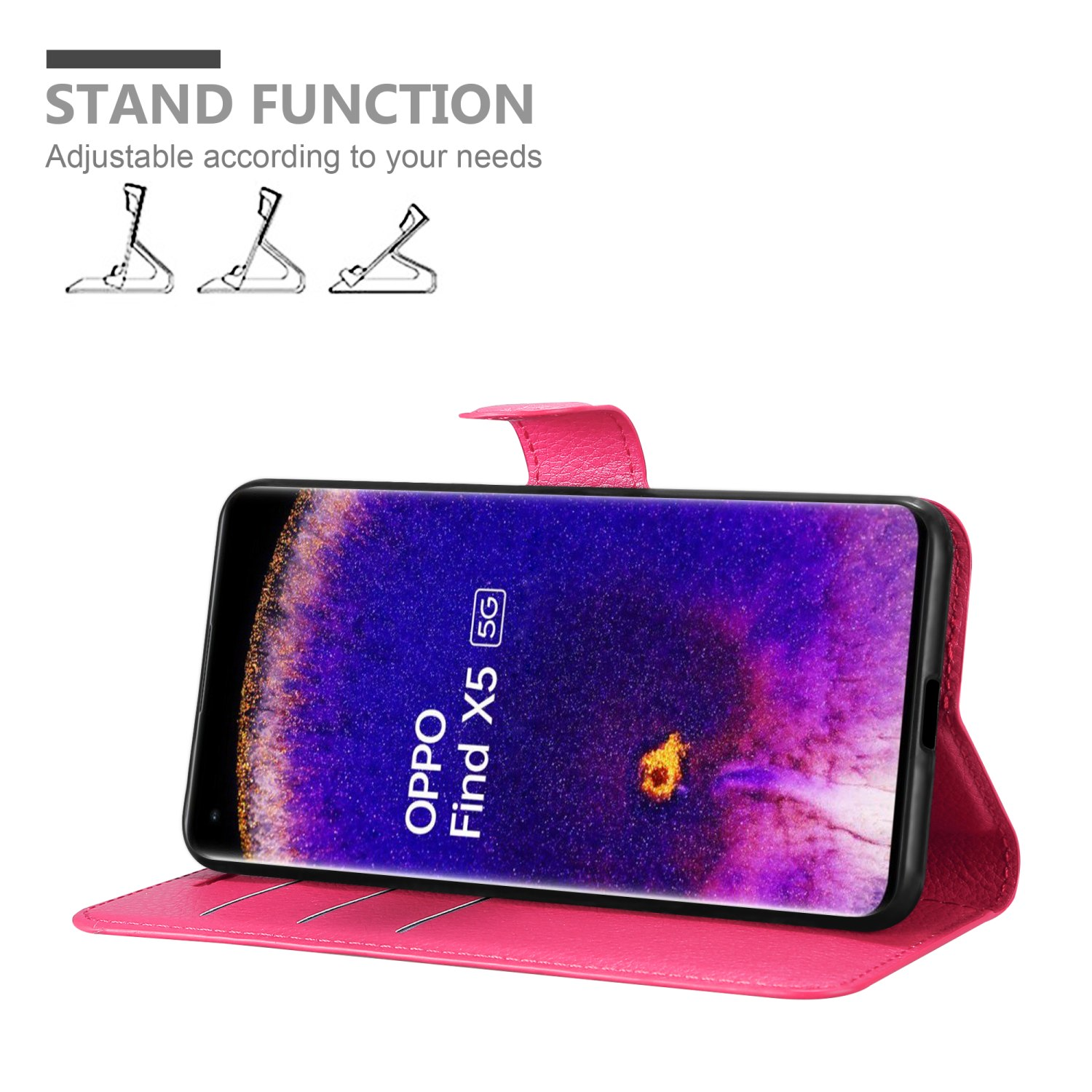 Custodia rosa con telefono. Lo schermo mostra un telefono Oppo.