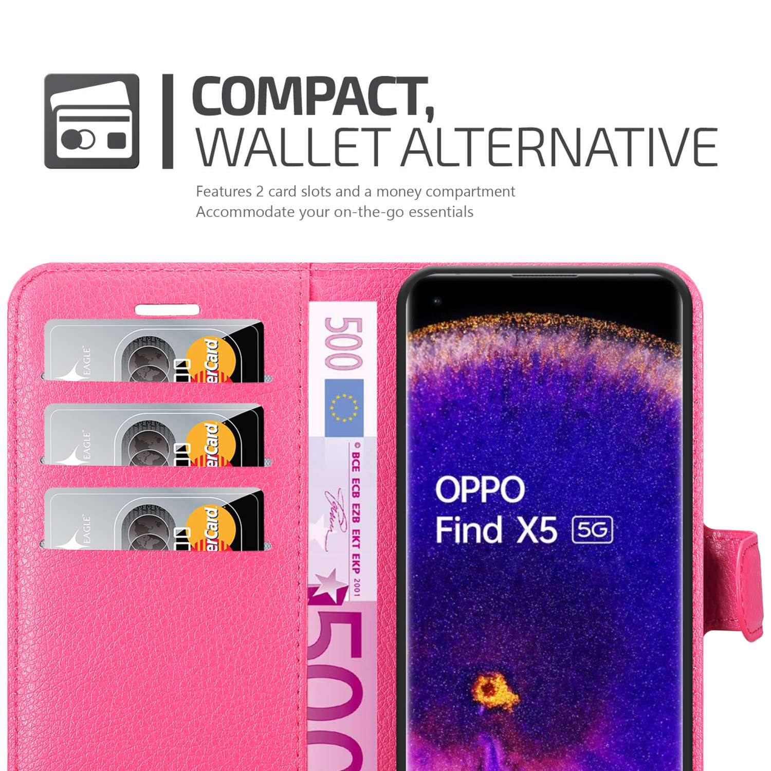 Un portafoglio rosa per telefono con carte, denaro e un telefono. Il testo dice alternativa al portafoglio compatto.