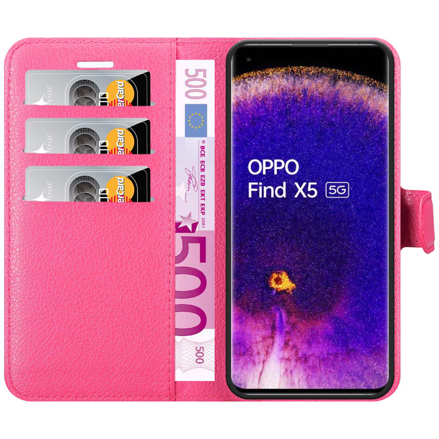 Custodia rosa con telefono all'interno, carte e banconote in euro. Il telefono mostra un design viola.