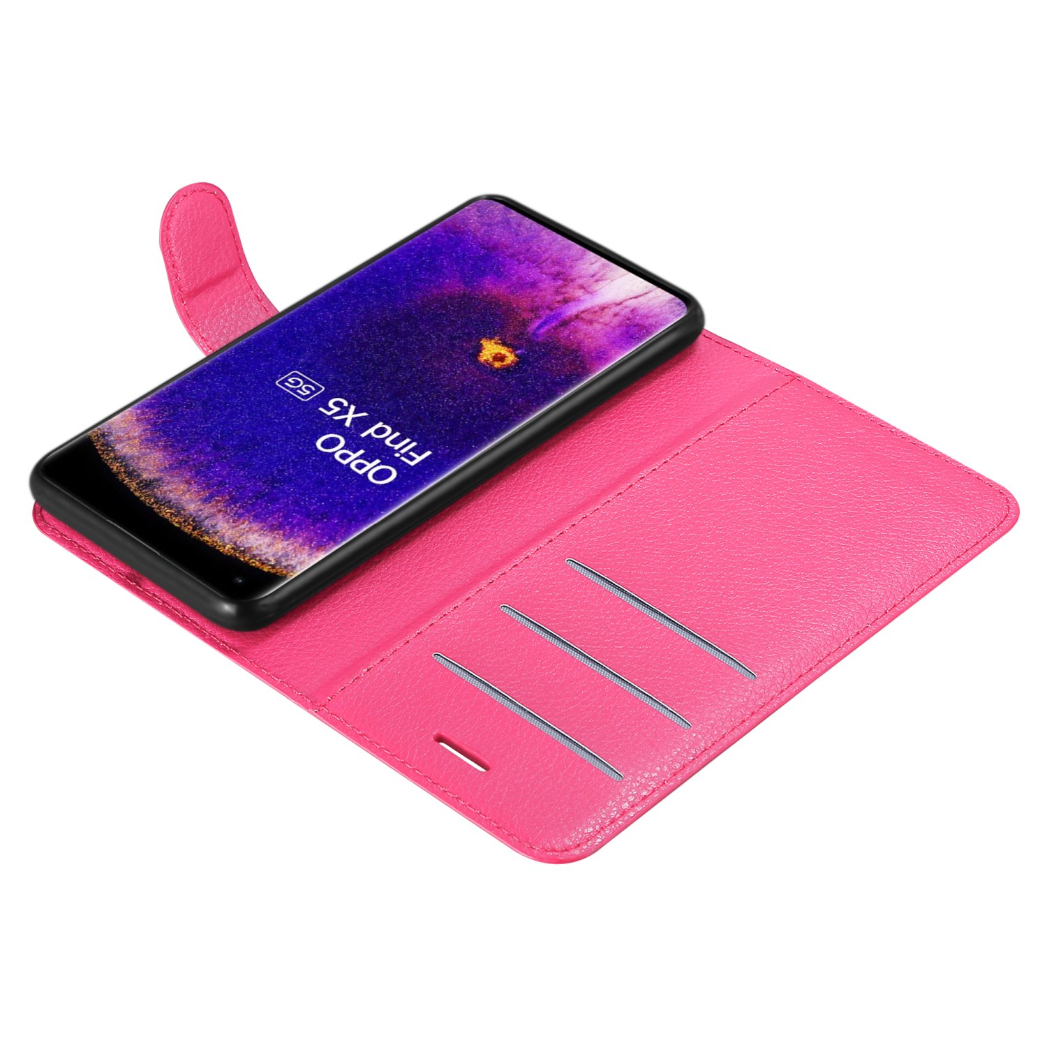 Una custodia a portafoglio in pelle rosa con un telefono. Lo schermo del telefono mostra un'immagine viola e gialla.