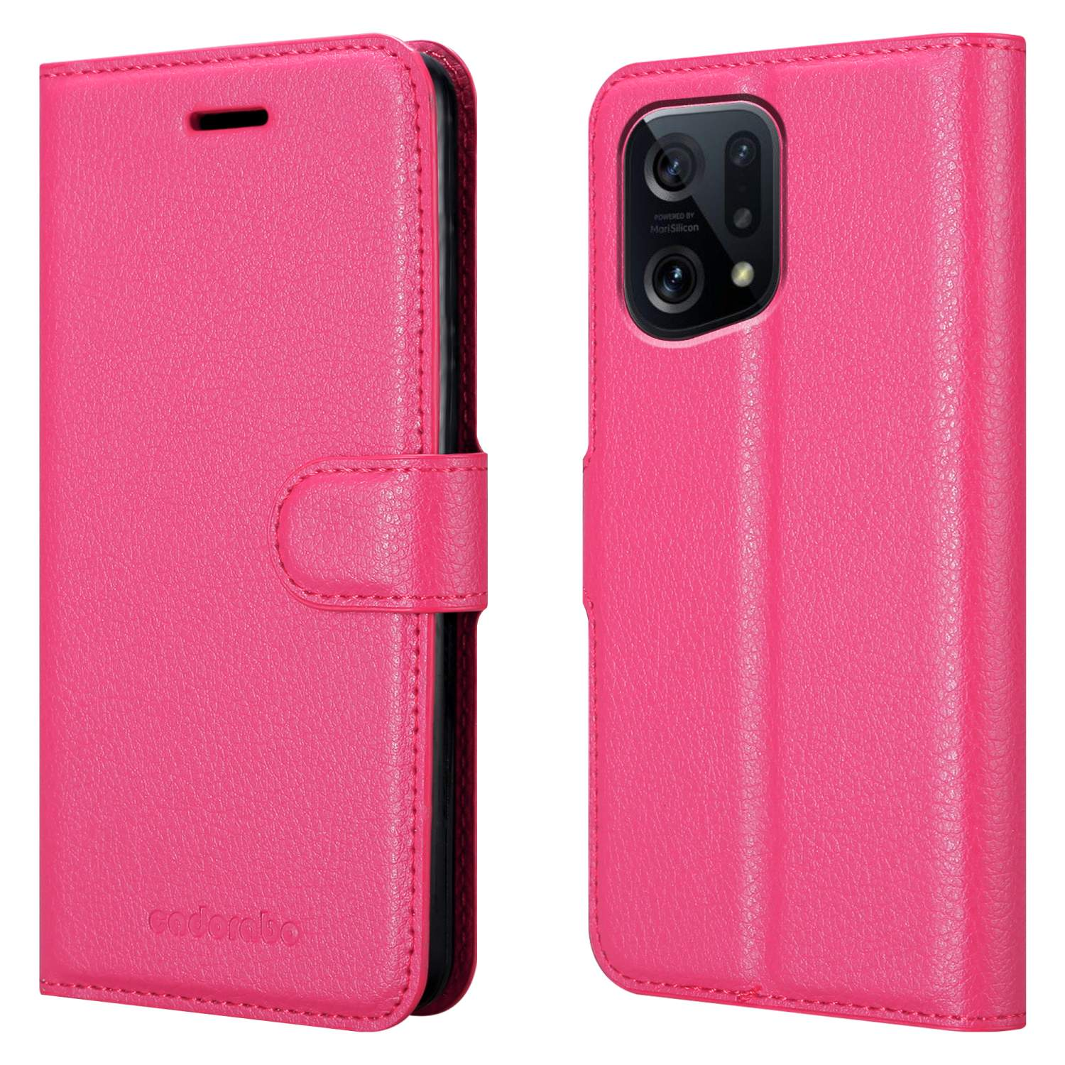 Custodia per telefono rosa, aperta e chiusa. Mostra un telefono, fessure per carte e una banconota.