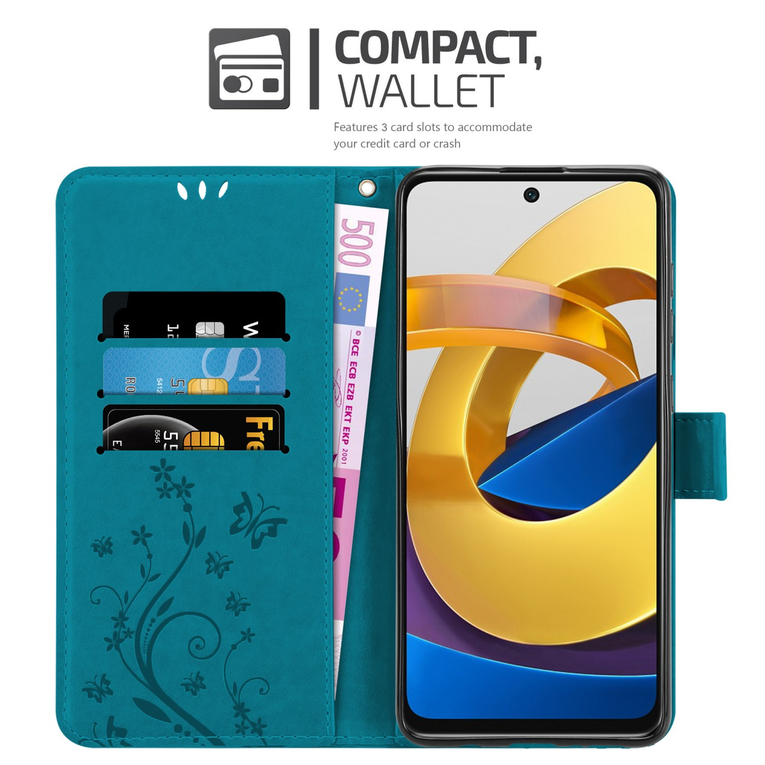 Custodia a portafoglio per telefono verde acqua con tre slot per carte, contanti e display colorato.