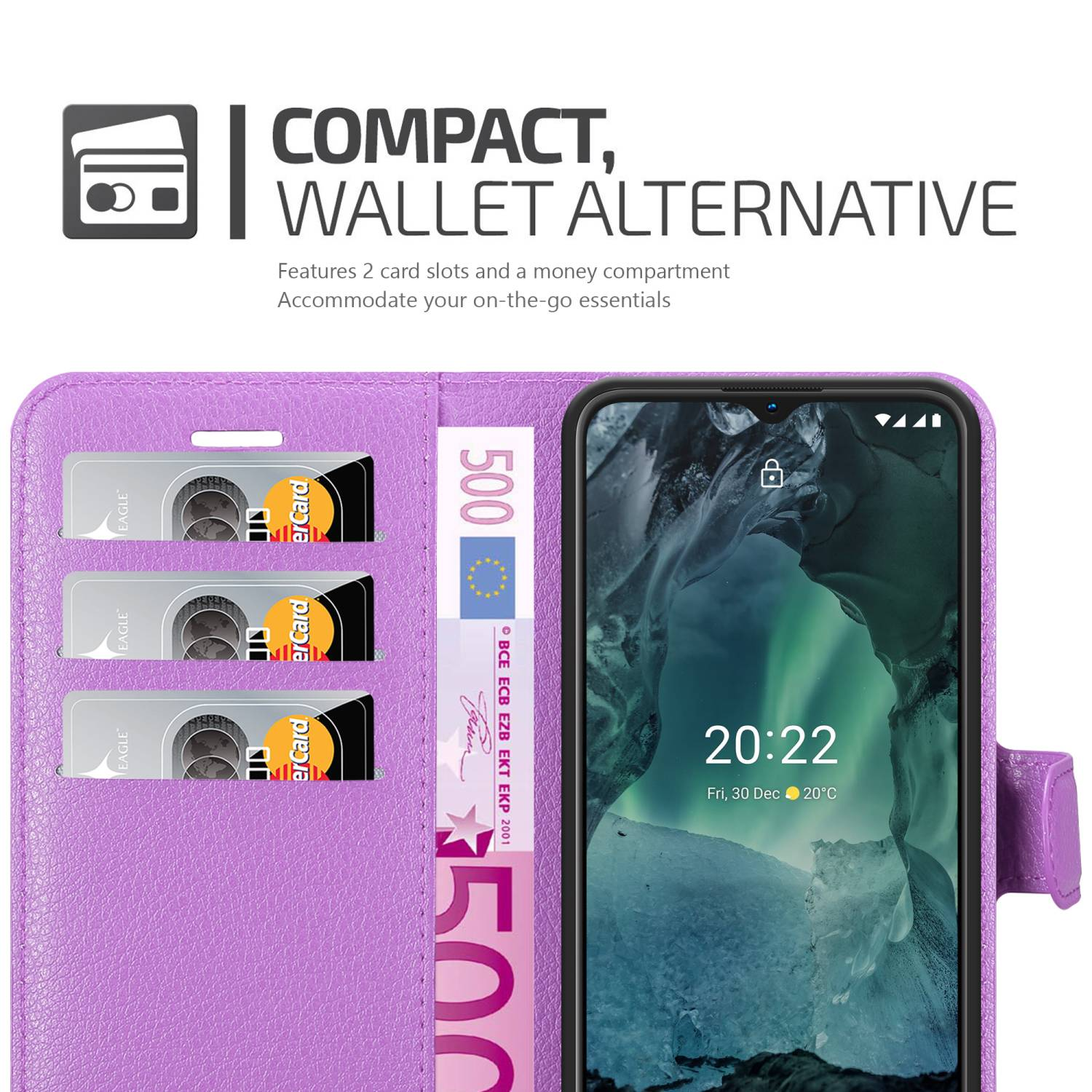 Custodia per telefono viola aperta con telefono, fessure per carte e denaro. Lo sfondo mostra un'alternativa al portafoglio.