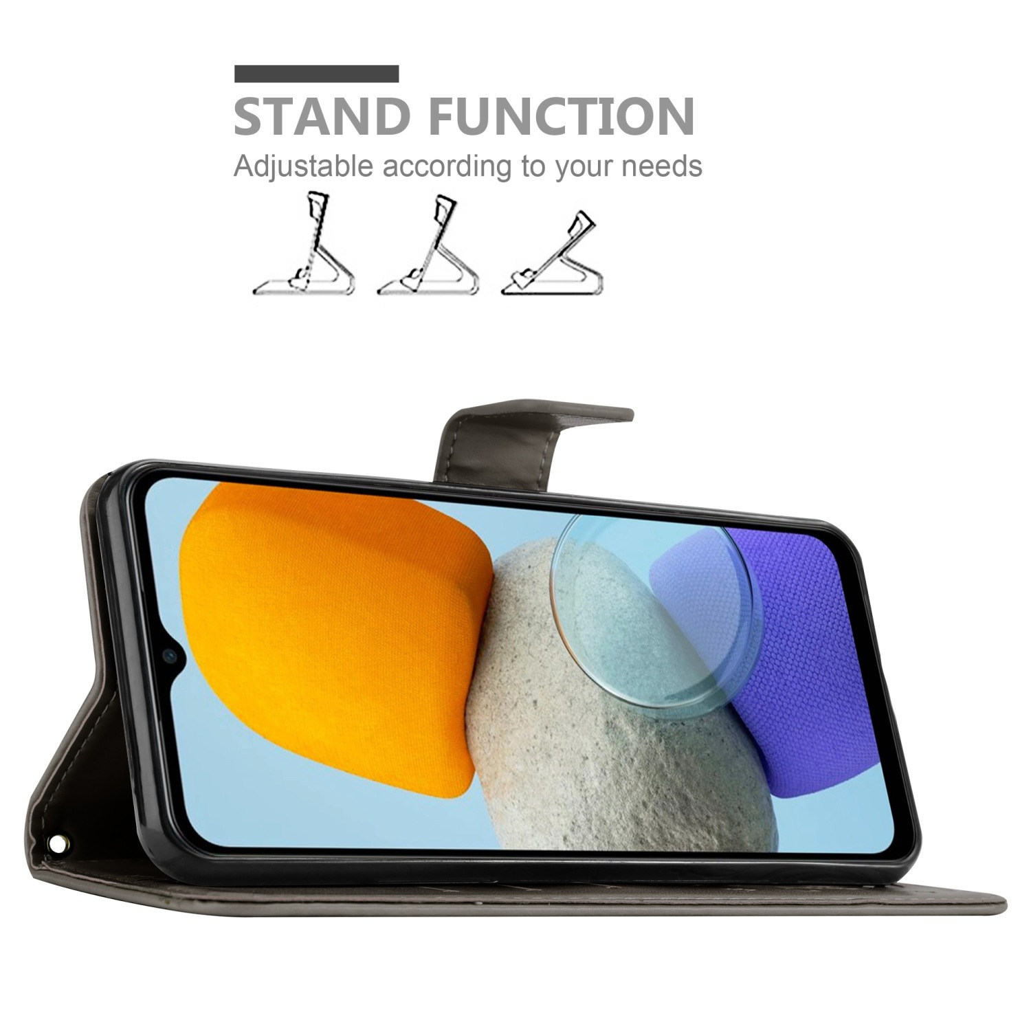 Custodia per telefono con un telefono all'interno, aperta. Il telefono ha un display. Funzione supporto mostrata in alto.