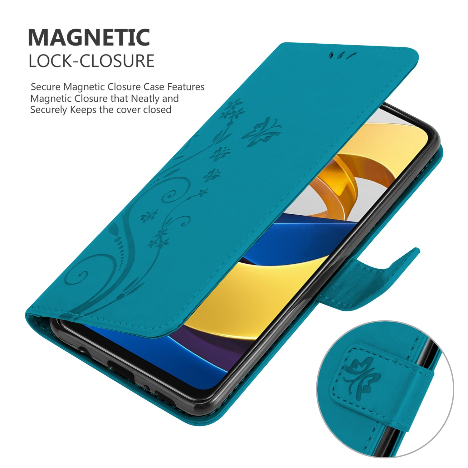 Custodia per telefono turchese aperta con design floreale e chiusura magnetica. Schermo del telefono visibile.