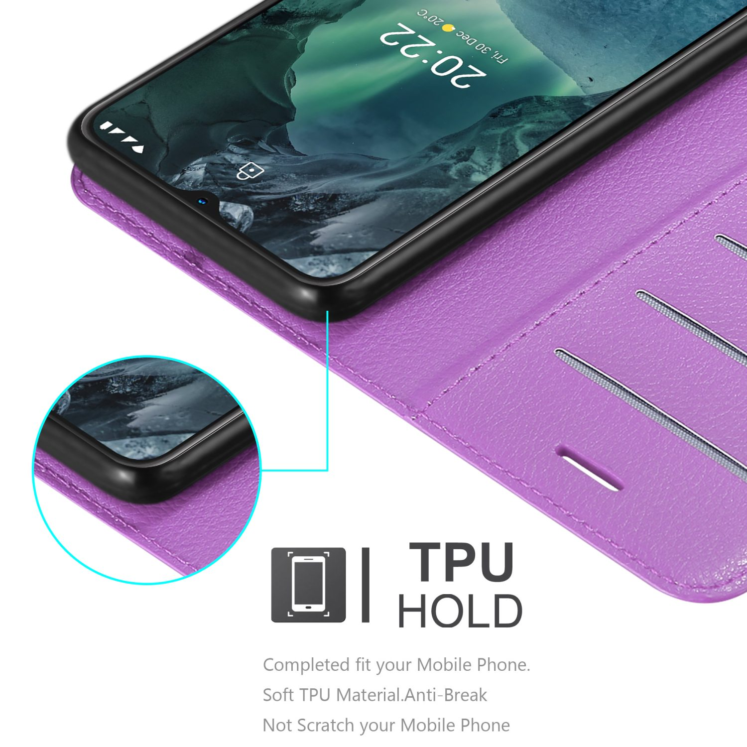 Un telefono in una custodia viola con un dettaglio di supporto in TPU.