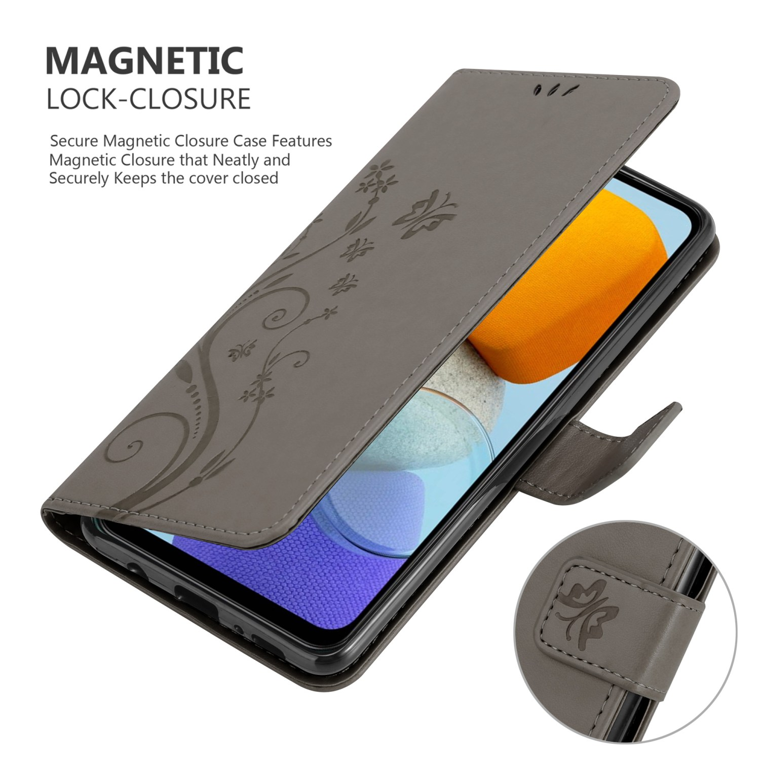 Custodia grigia per telefono aperta, con design floreale. Lo schermo del telefono è visibile.