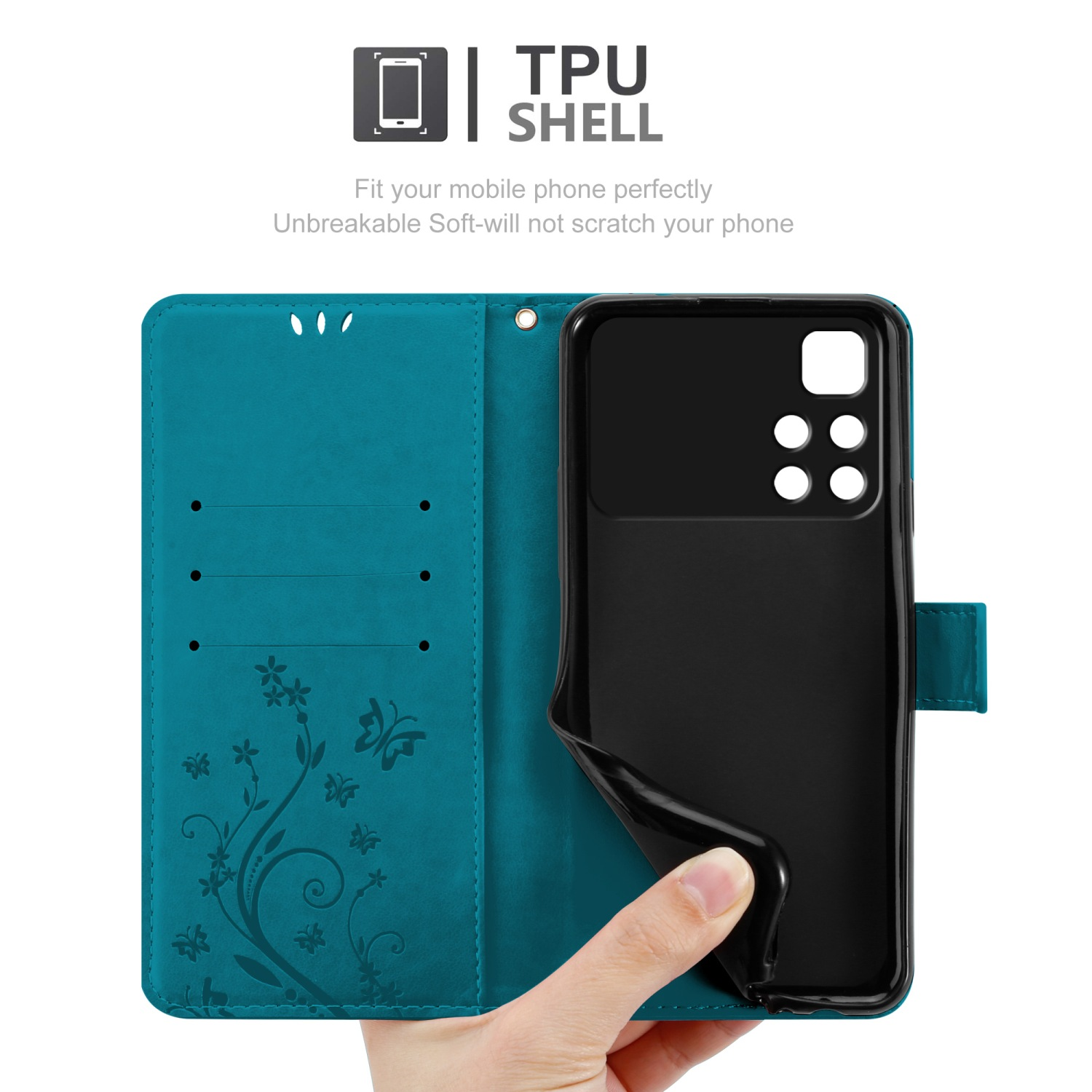 Custodia per telefono verde acqua, aperta, con un telefono nero all'interno. Design floreale e mano che lo tiene.