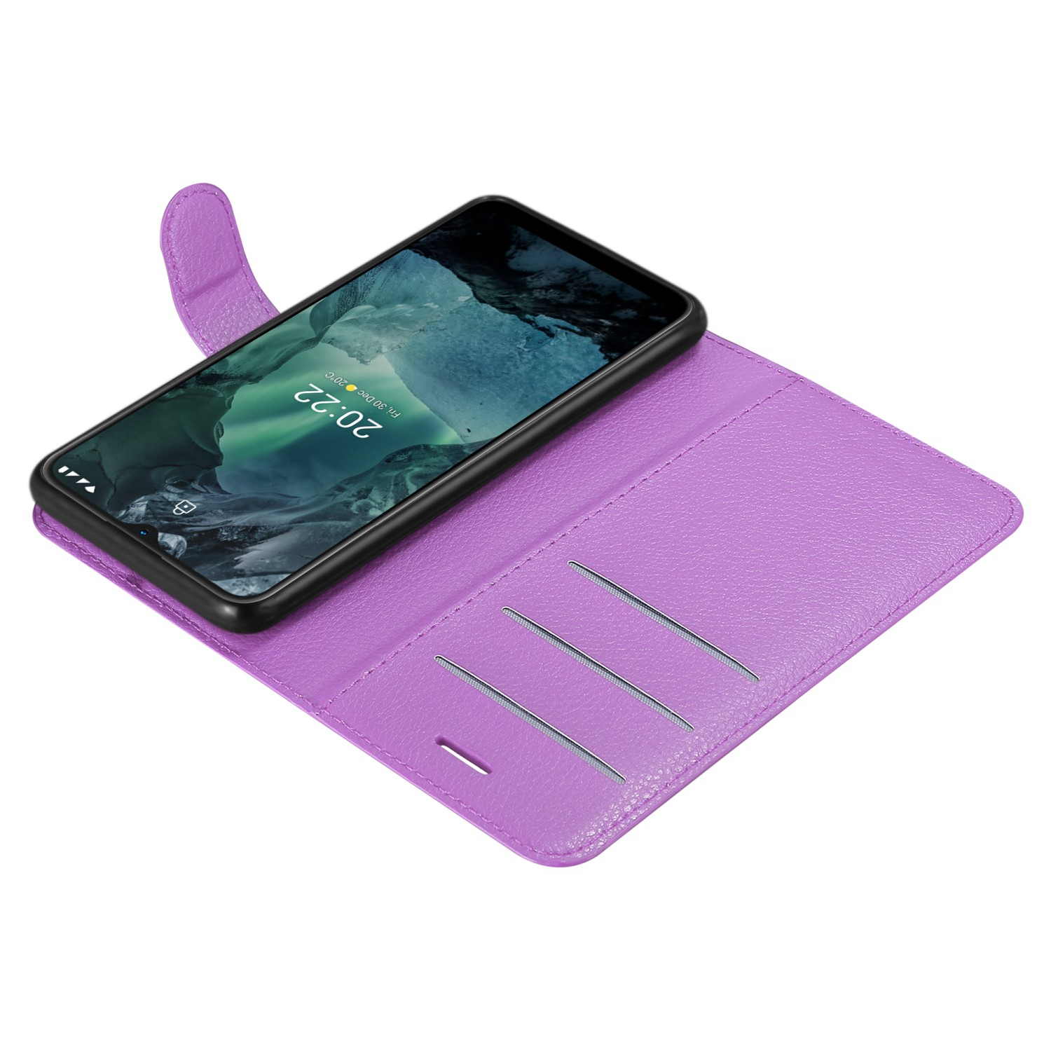 Custodia per telefono viola con un telefono all'interno. Il telefono visualizza l'ora. La custodia ha fessure per carte.