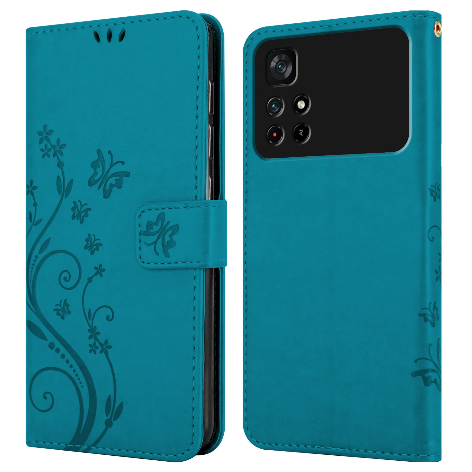 Custodia per telefono verde acqua, aperta. Presenta un design floreale a sinistra e un telefono all'interno.