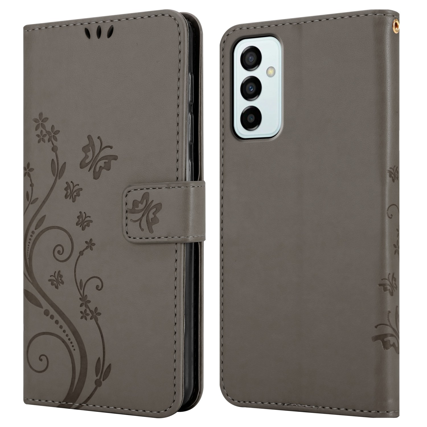 Custodia per telefono grigia, chiusa, con un design a farfalla e floreale. Il design è sul davanti.