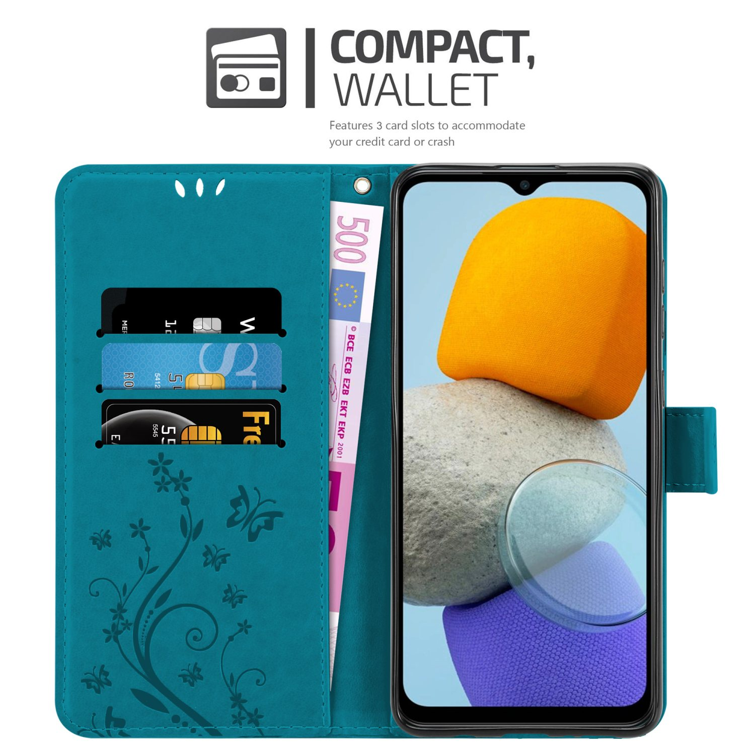 Custodia turchese, aperta, con telefono, carte e contanti. Schermo visibile. Sfondo bianco.