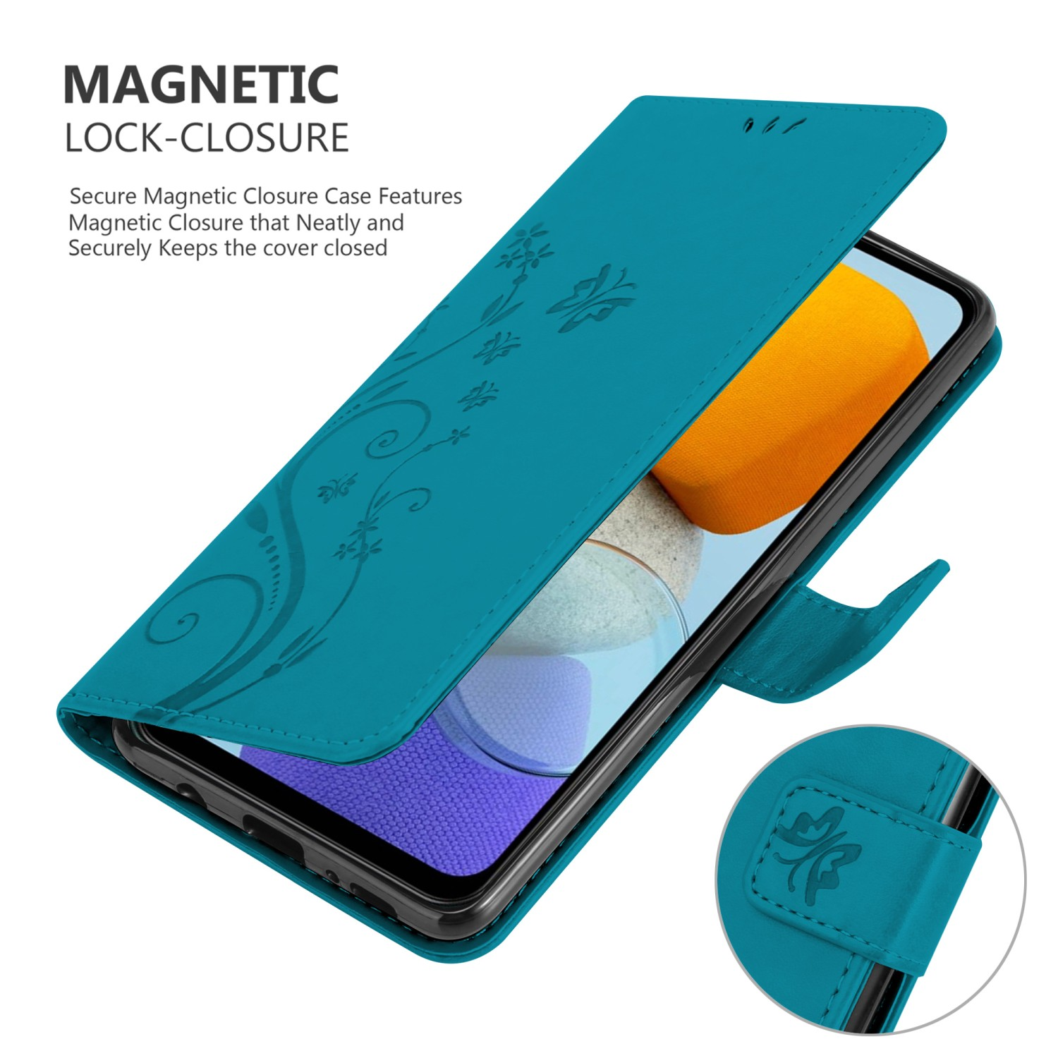 Custodia per telefono verde acqua con design floreale, con chiusura magnetica.