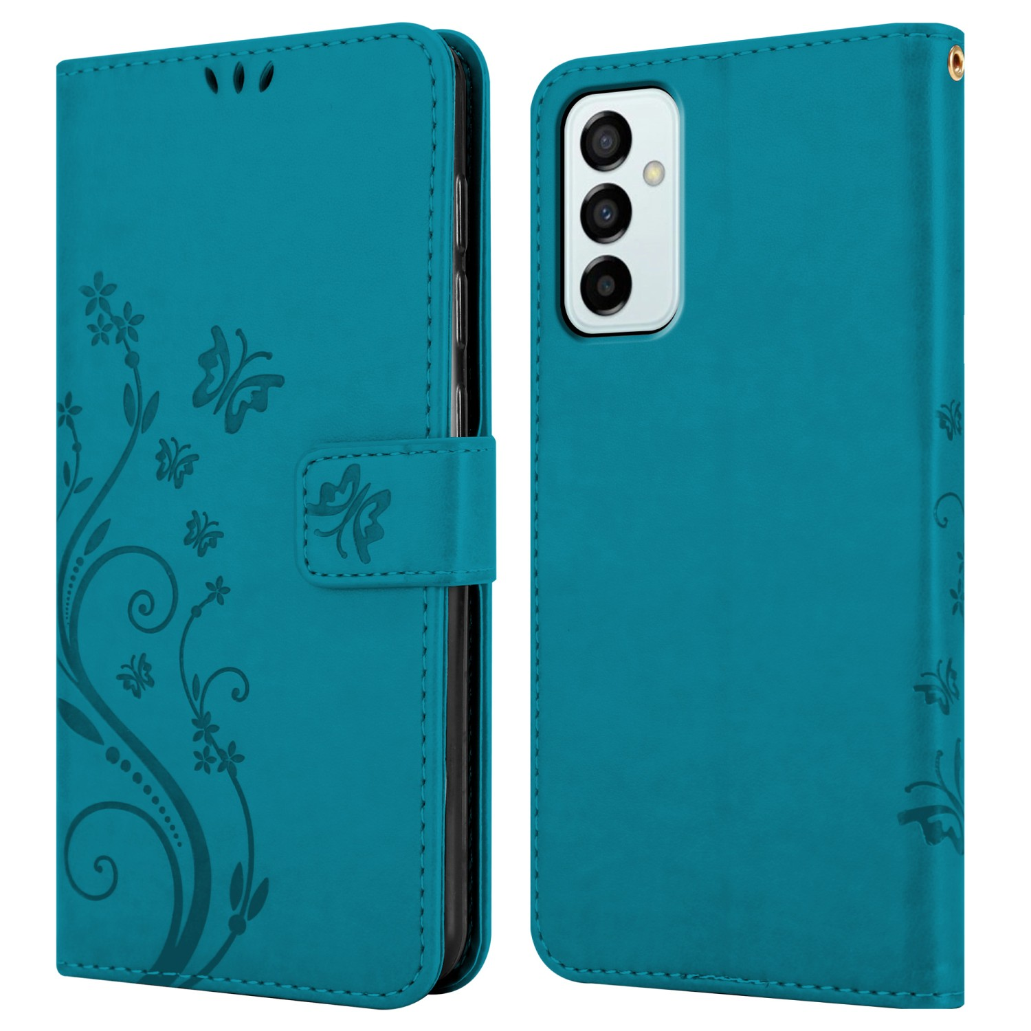 Custodia per telefono turchese con design floreale e farfalle. La custodia è aperta, mostrando il supporto.