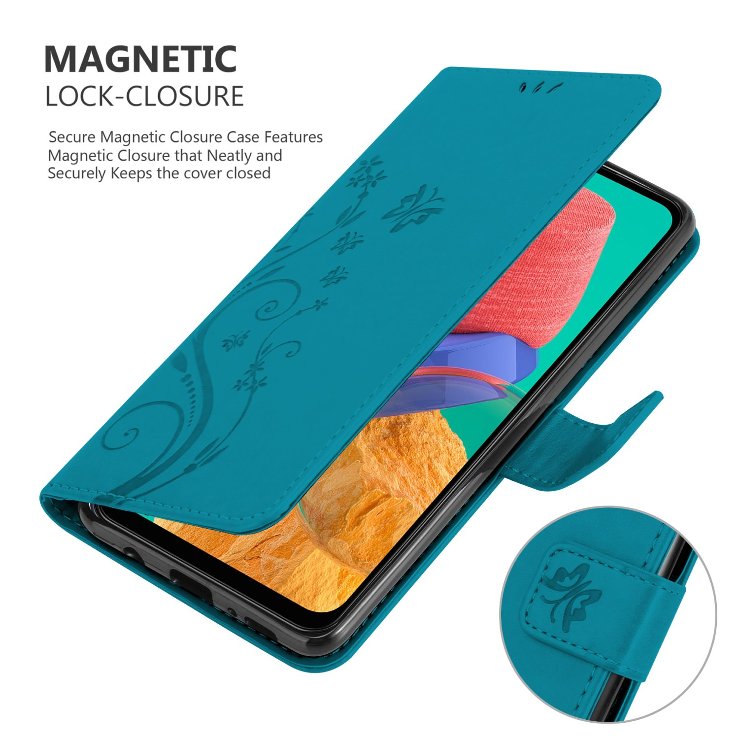 Custodia per telefono verde acqua, aperta, che mostra uno schermo del telefono e una chiusura magnetica.