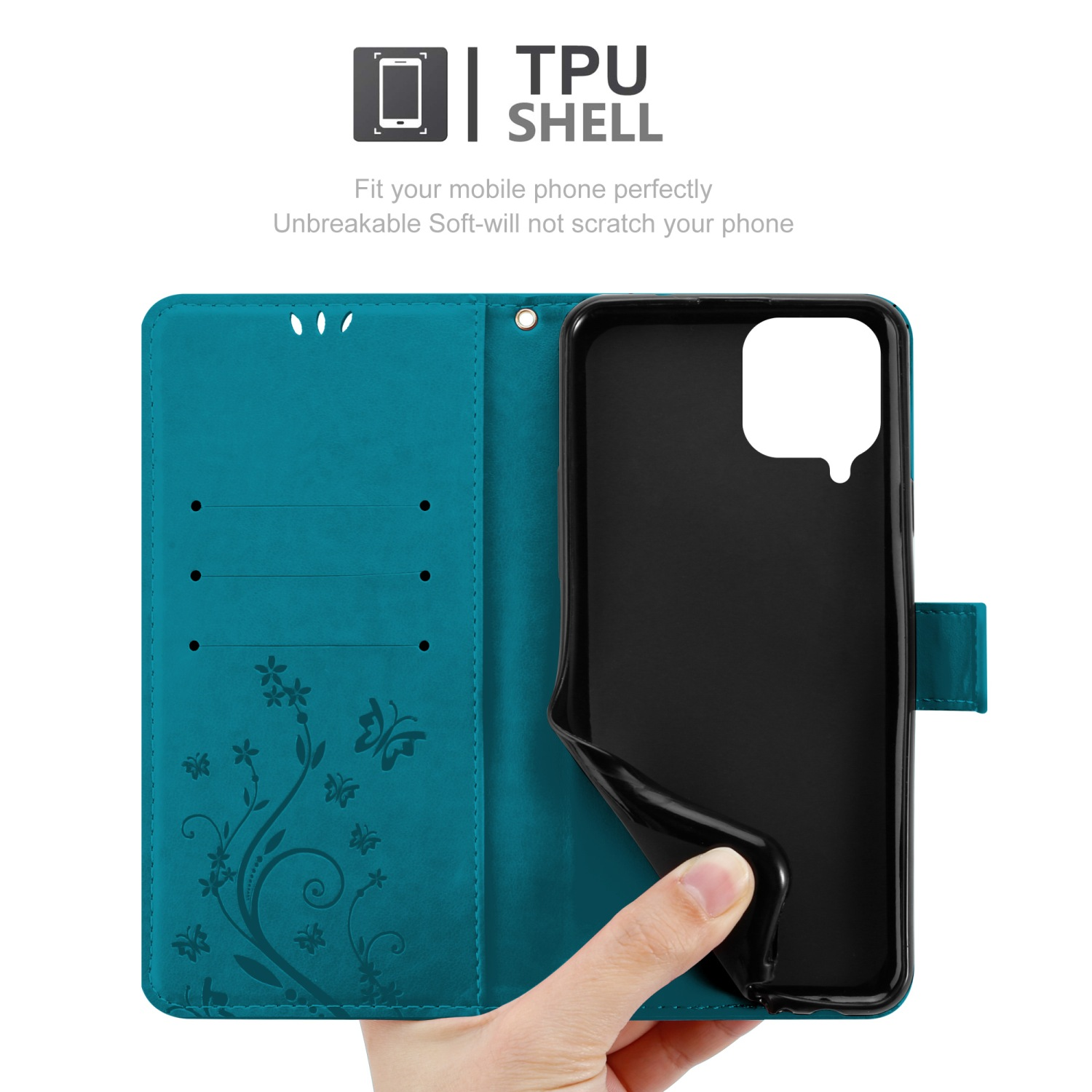 Custodia per telefono verde acqua aperta con un telefono all'interno. Mano che tiene il telefono. Testo: TPU Shell.