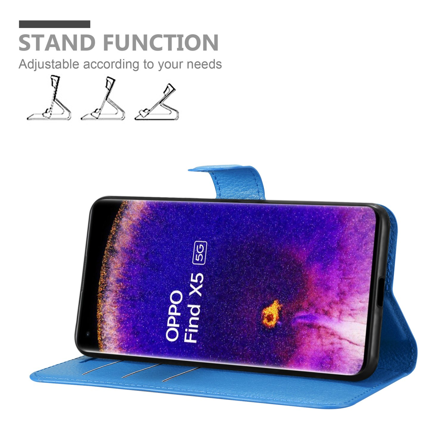 Una funda azul para teléfono se levanta. El teléfono está en la funda. La funda puede pararse.