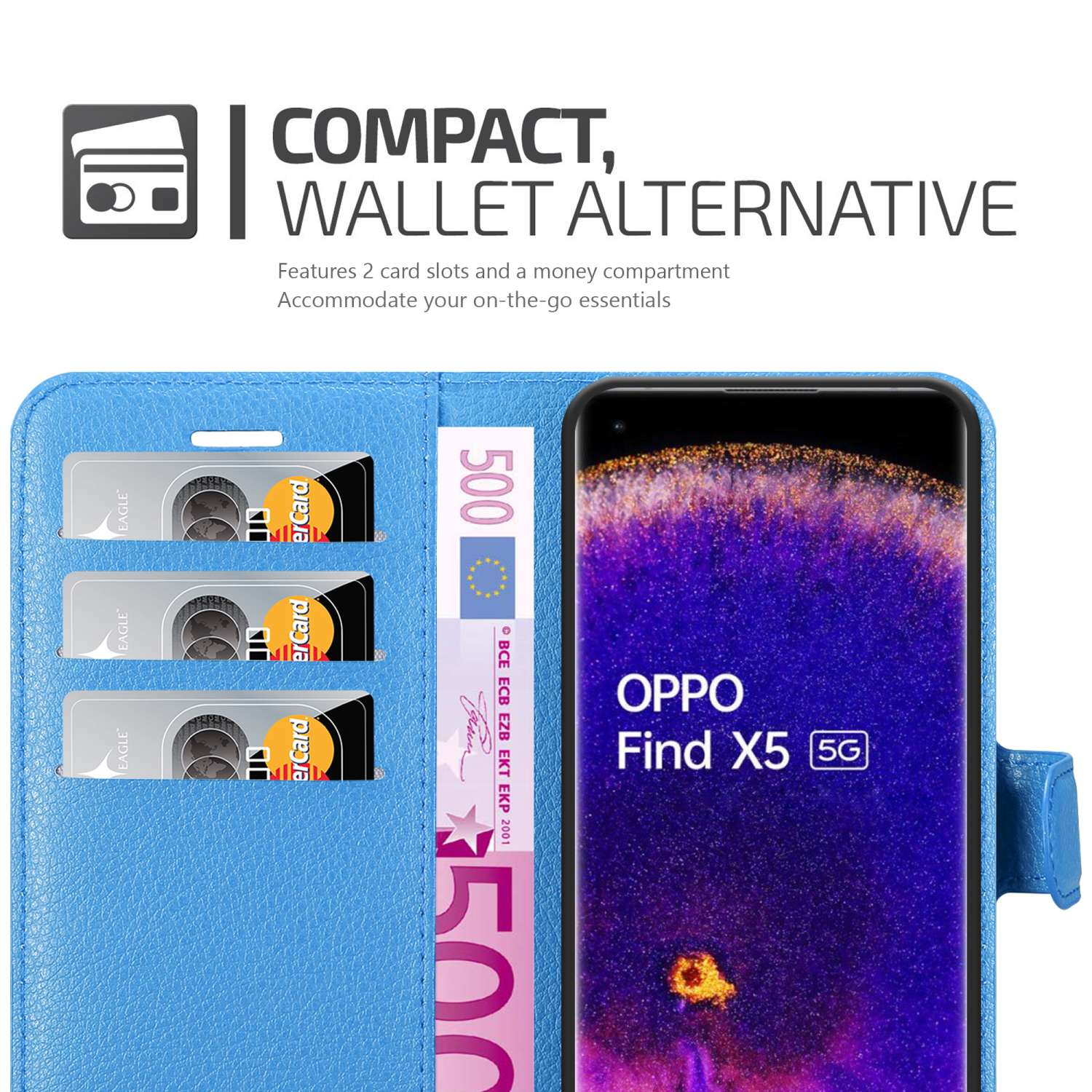 Funda de teléfono azul abierta, con tarjetas y dinero dentro. Teléfono visible.