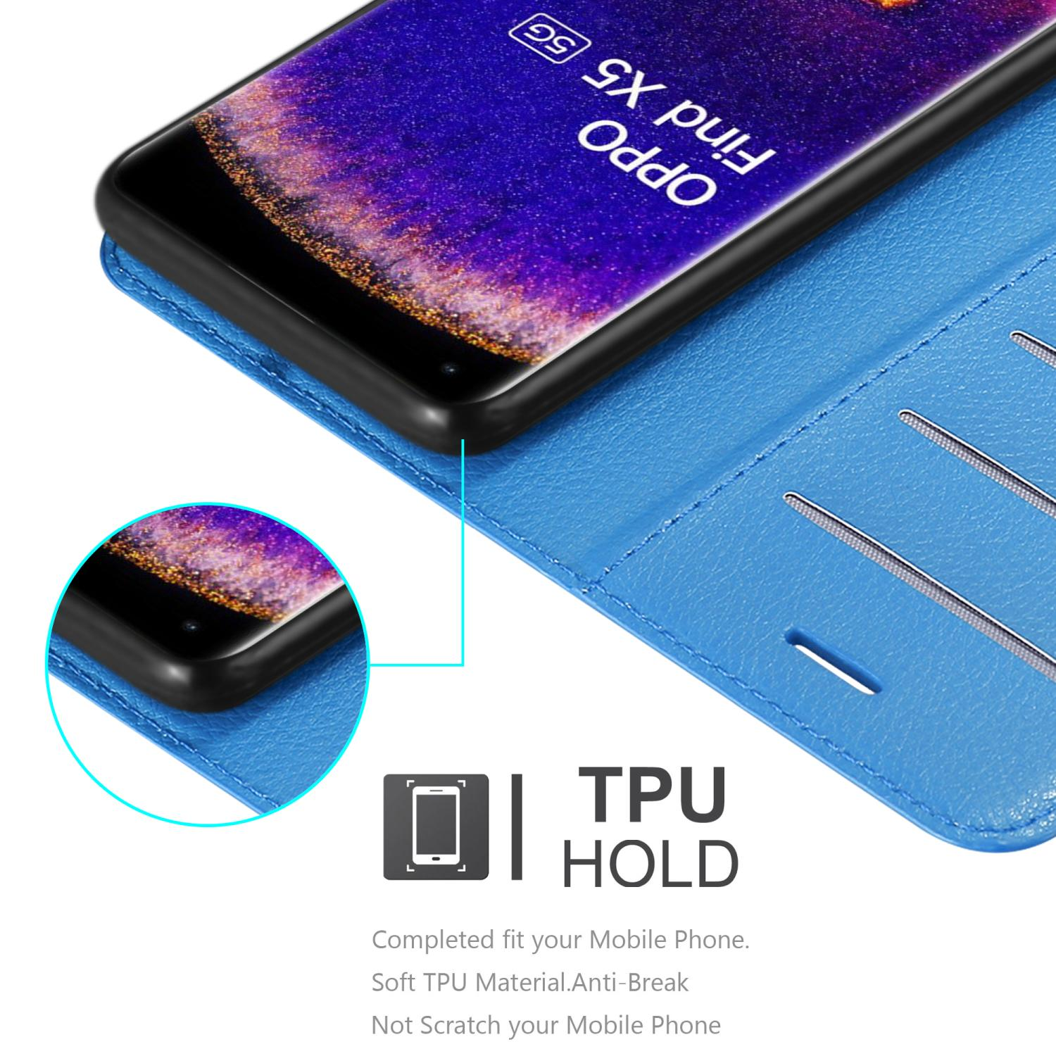 Funda azul con teléfono. Texto: TPU HOLD. Ilustración: un teléfono en una funda. Anti-Rotura.