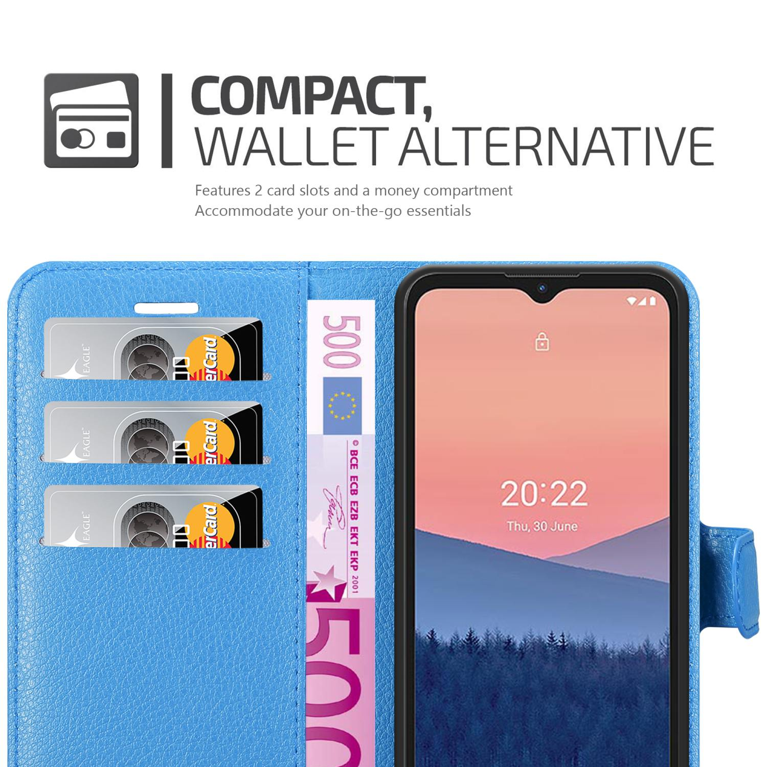 Custodia per telefono blu con carte e denaro. Il telefono visualizza l'ora. La custodia ha fessure per carte e denaro.