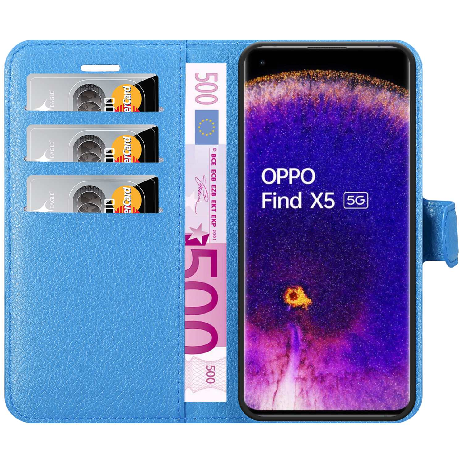 Funda azul con teléfono, dinero y tarjetas de crédito. Texto: OPPO Find X5 5G.