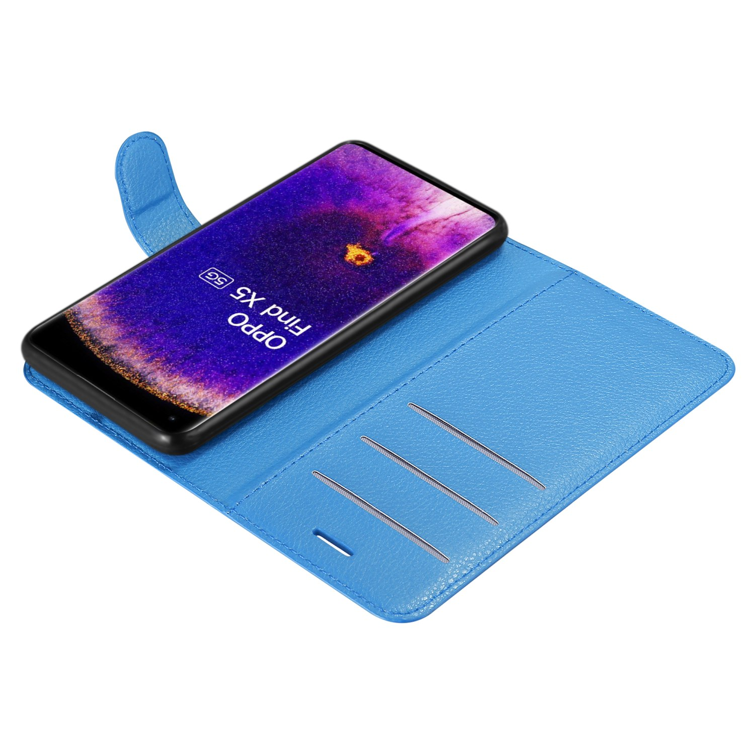Una funda de teléfono azul con un teléfono dentro. El teléfono tiene un logotipo de Oppo find x5 5g. Se ven tres ranuras para tarjetas.