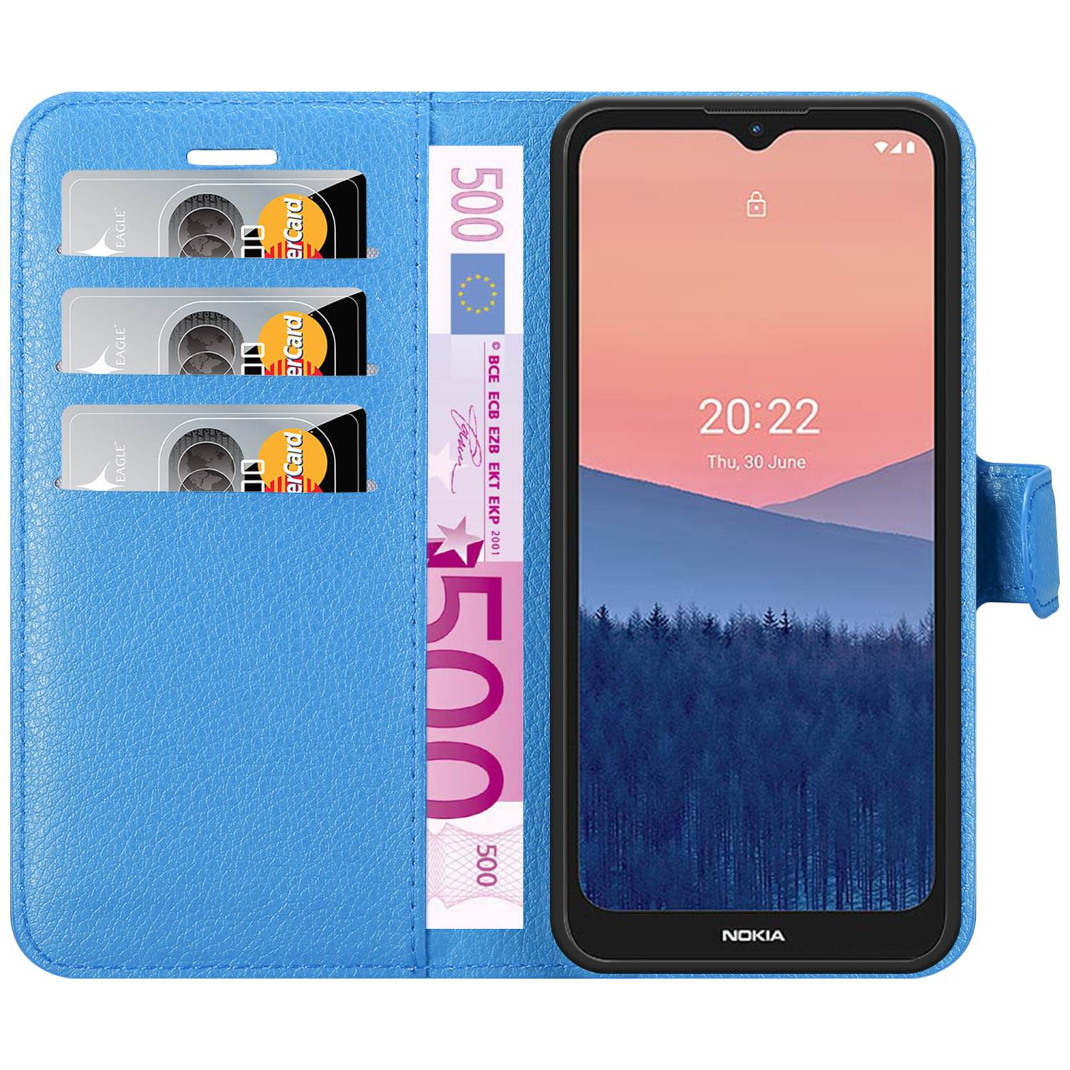 Telefono dentro una custodia blu, che mostra carte e denaro. Il telefono mostra l'ora e la data.