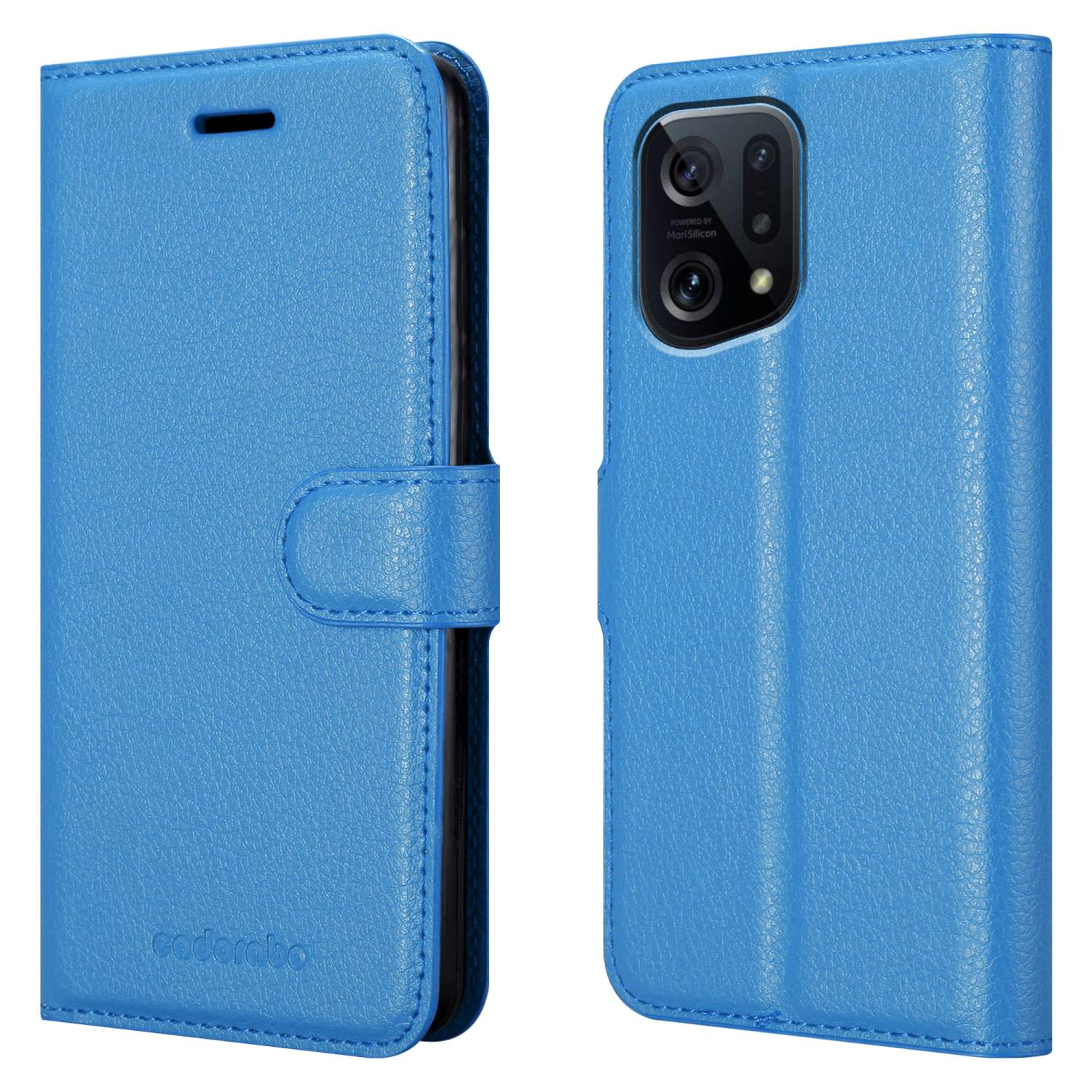 Funda de teléfono azul, cerrada, con textura de cuero. Tiene una etiqueta en el frente.
