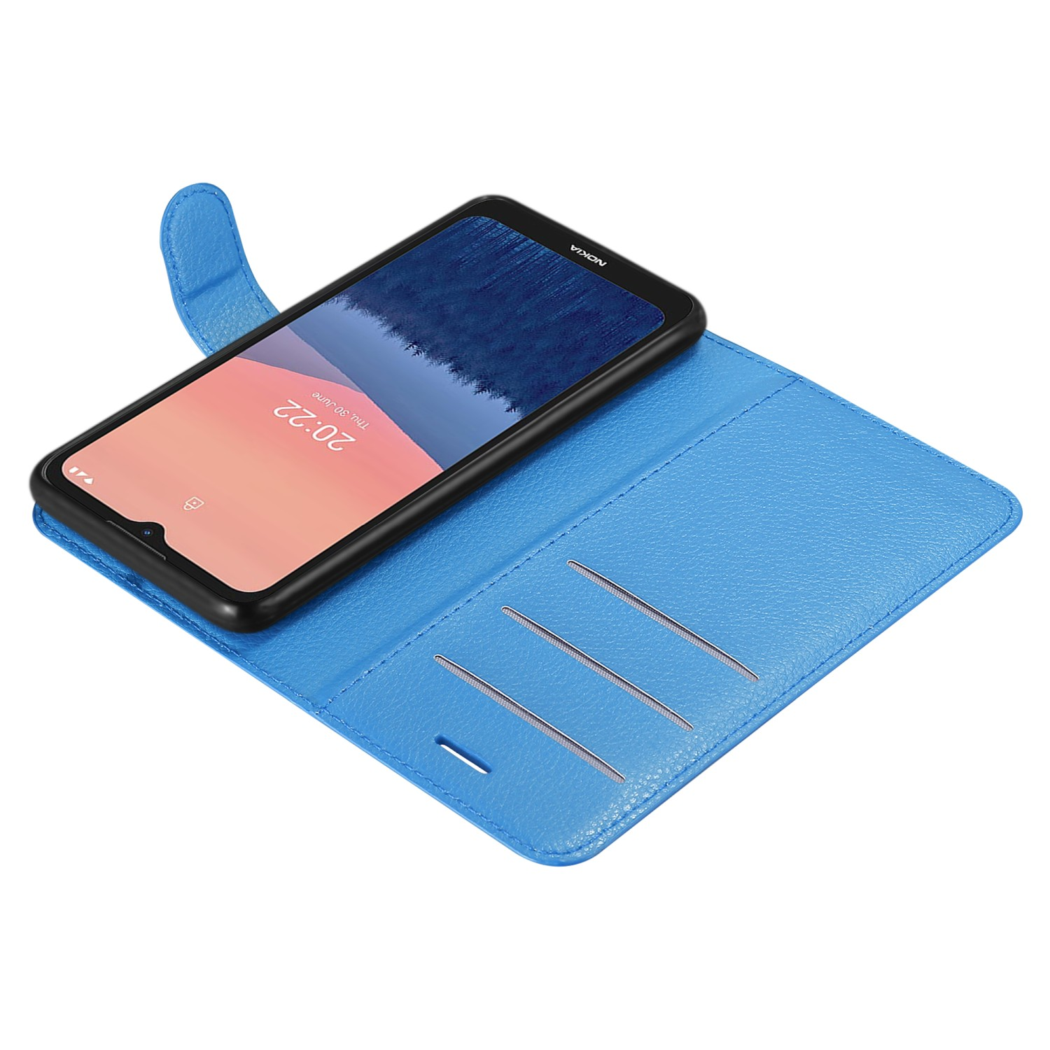 Una custodia per telefono blu aperta, che rivela un telefono con schermo blu. Ci sono fessure per schede.