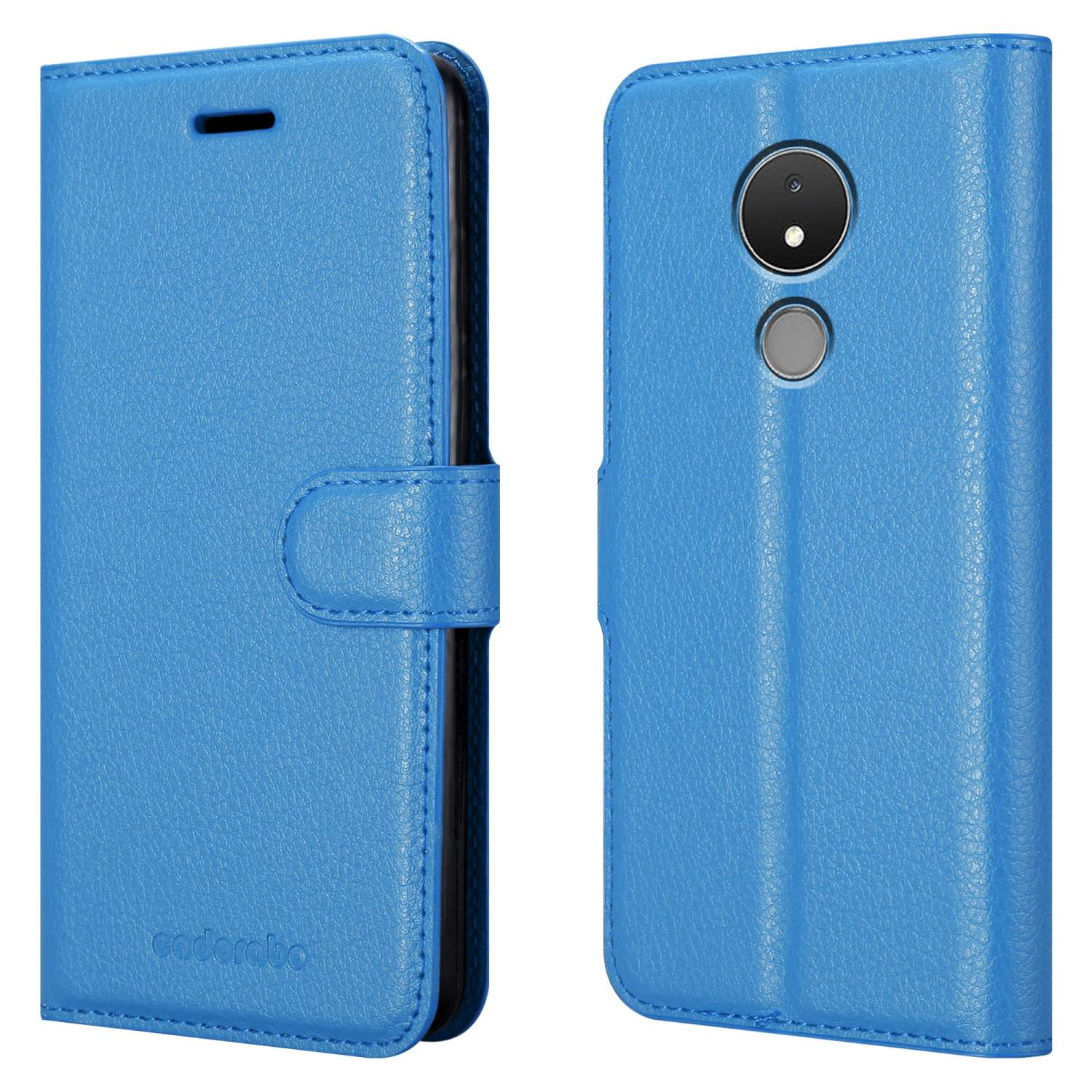 Custodia per telefono blu, aperta. Il telefono è a posto. La custodia e il telefono sono blu.
