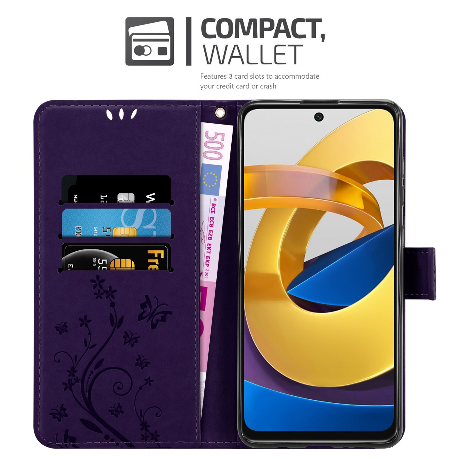 Custodia per telefono viola con carte, denaro e un telefono all'interno. Dettagli: portafoglio compatto, 3 scomparti per carte. Display.