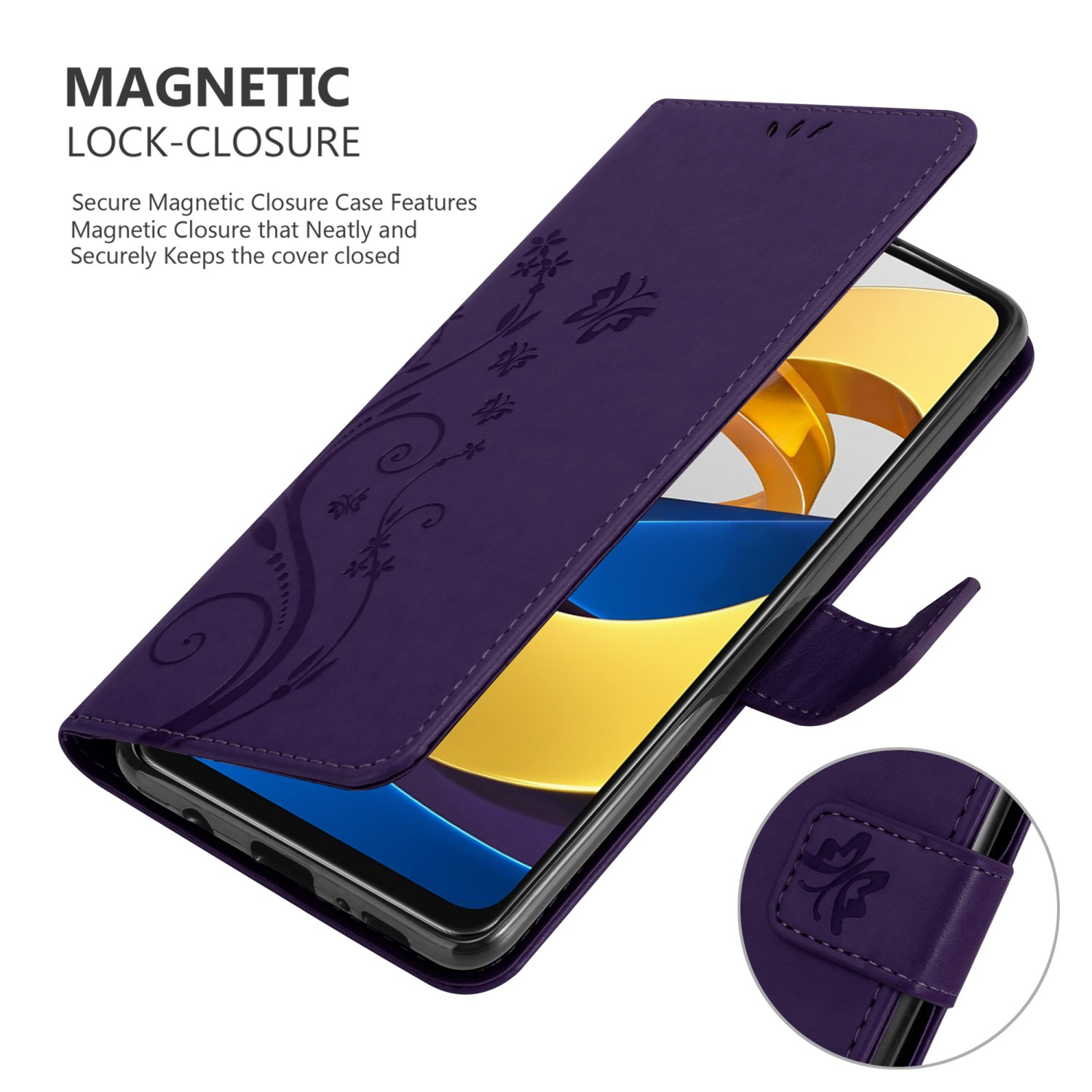 Custodia per telefono viola con design floreale, aperta per mostrare il telefono e chiusura magnetica.