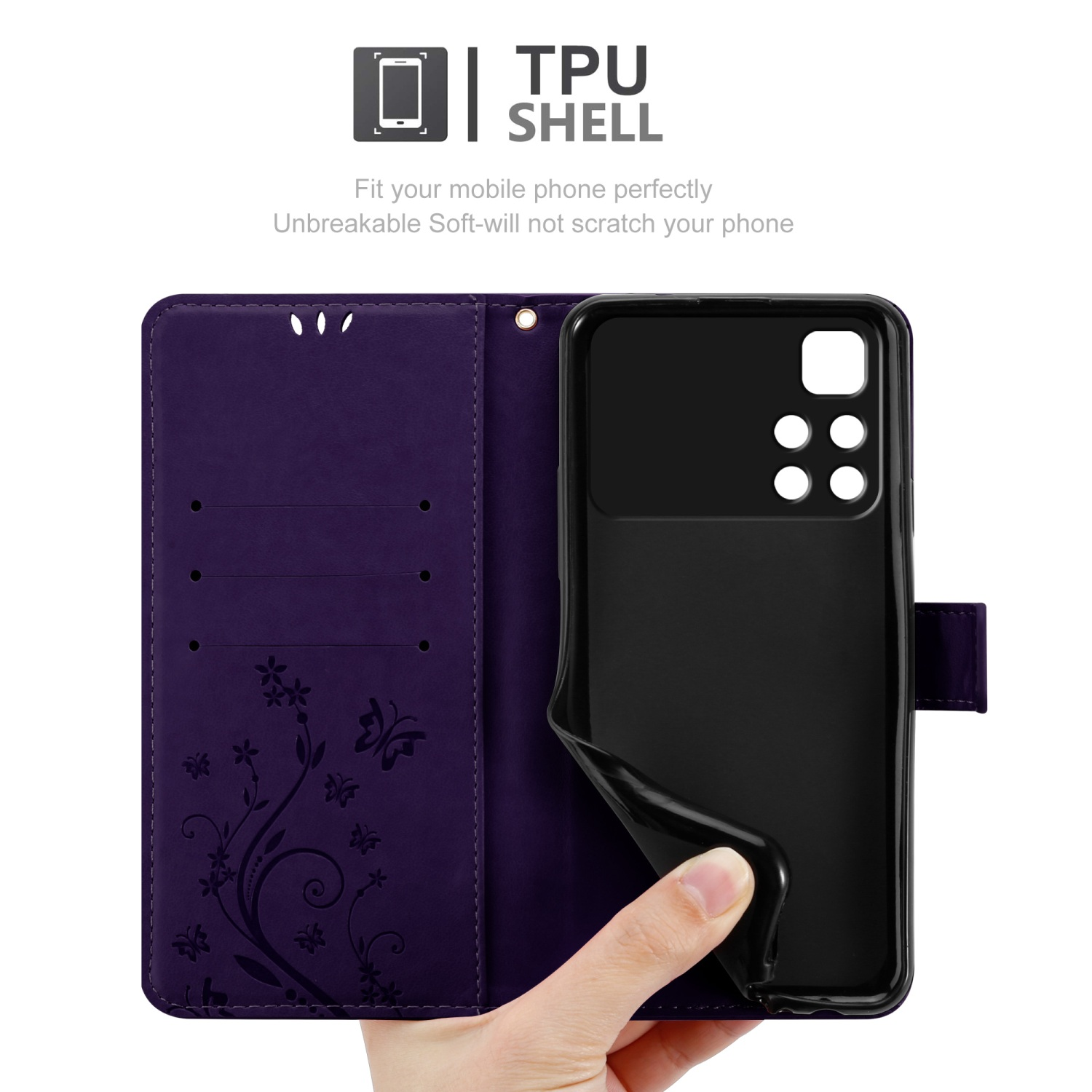 Custodia per telefono viola aperta, con design floreale e telefono nero tenuto in mano.