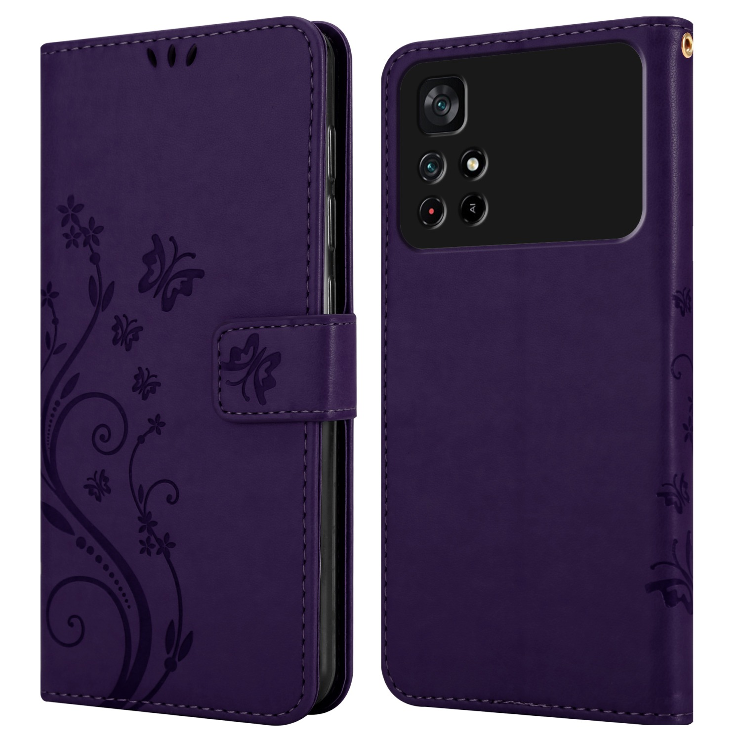 Custodia viola, aperta, con telefono dentro, design floreale a sinistra.