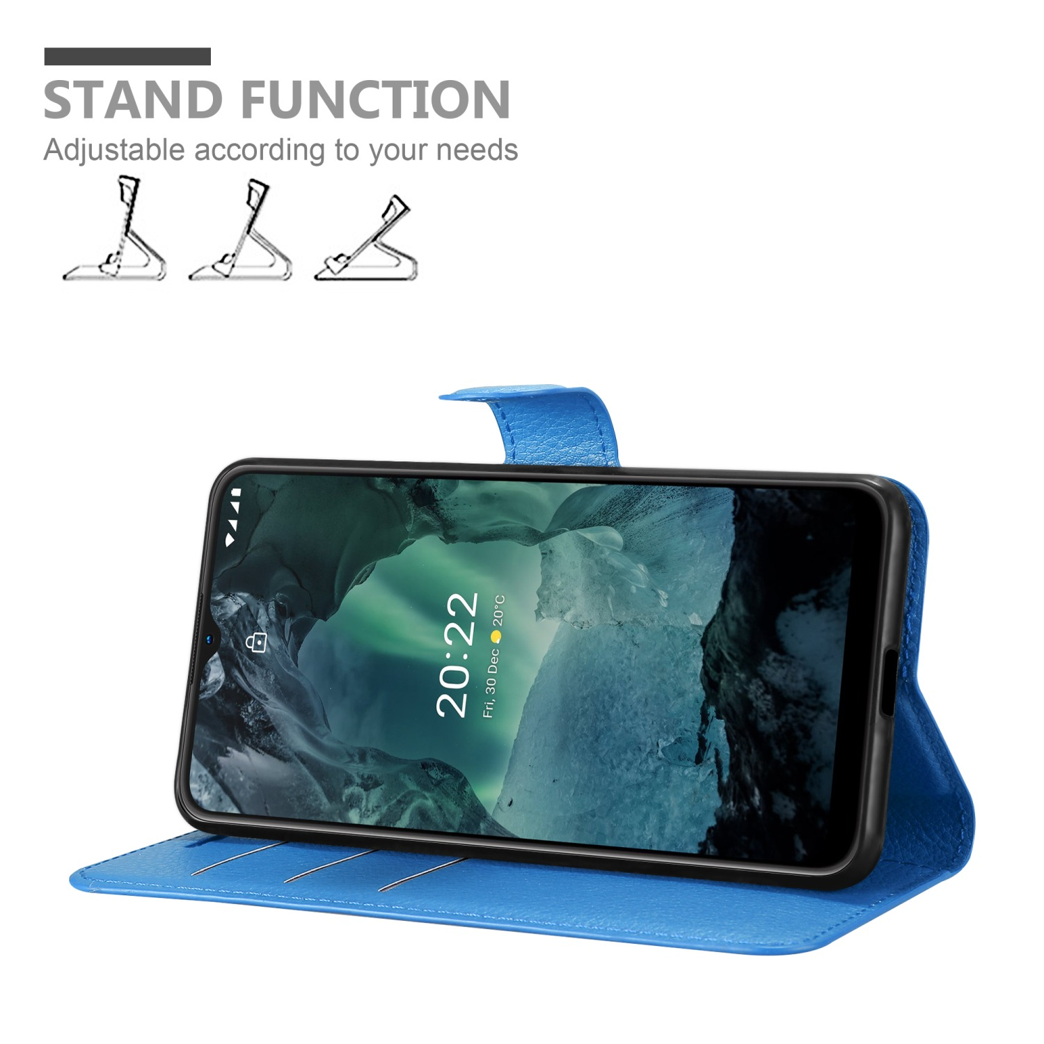 Custodia blu, in piedi. Telefono dentro. Testo: STAND FUNCTION. Illustrazioni di diversi supporti.
