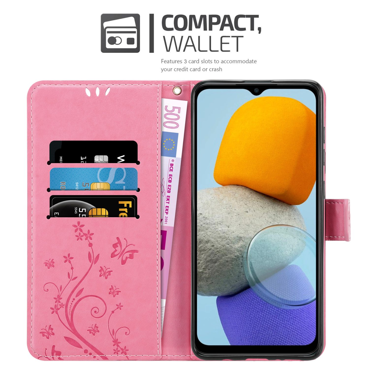 Custodia rosa con carte e telefono. Testo: 'Compact, Wallet'.