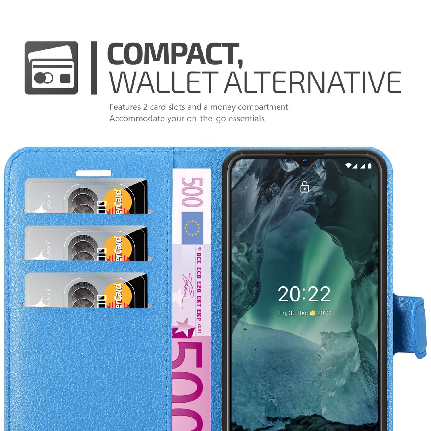 Custodia blu con telefono, denaro e carte. Compatta, alternativa al portafoglio.