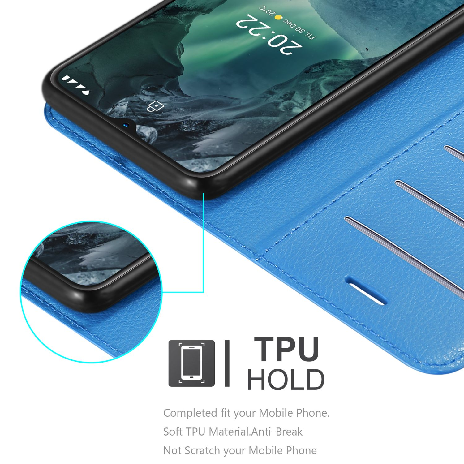 Una custodia per telefono blu, aperta, che rivela un telefono all'interno. La custodia è su una superficie bianca, con un'etichetta TPU HOLD.