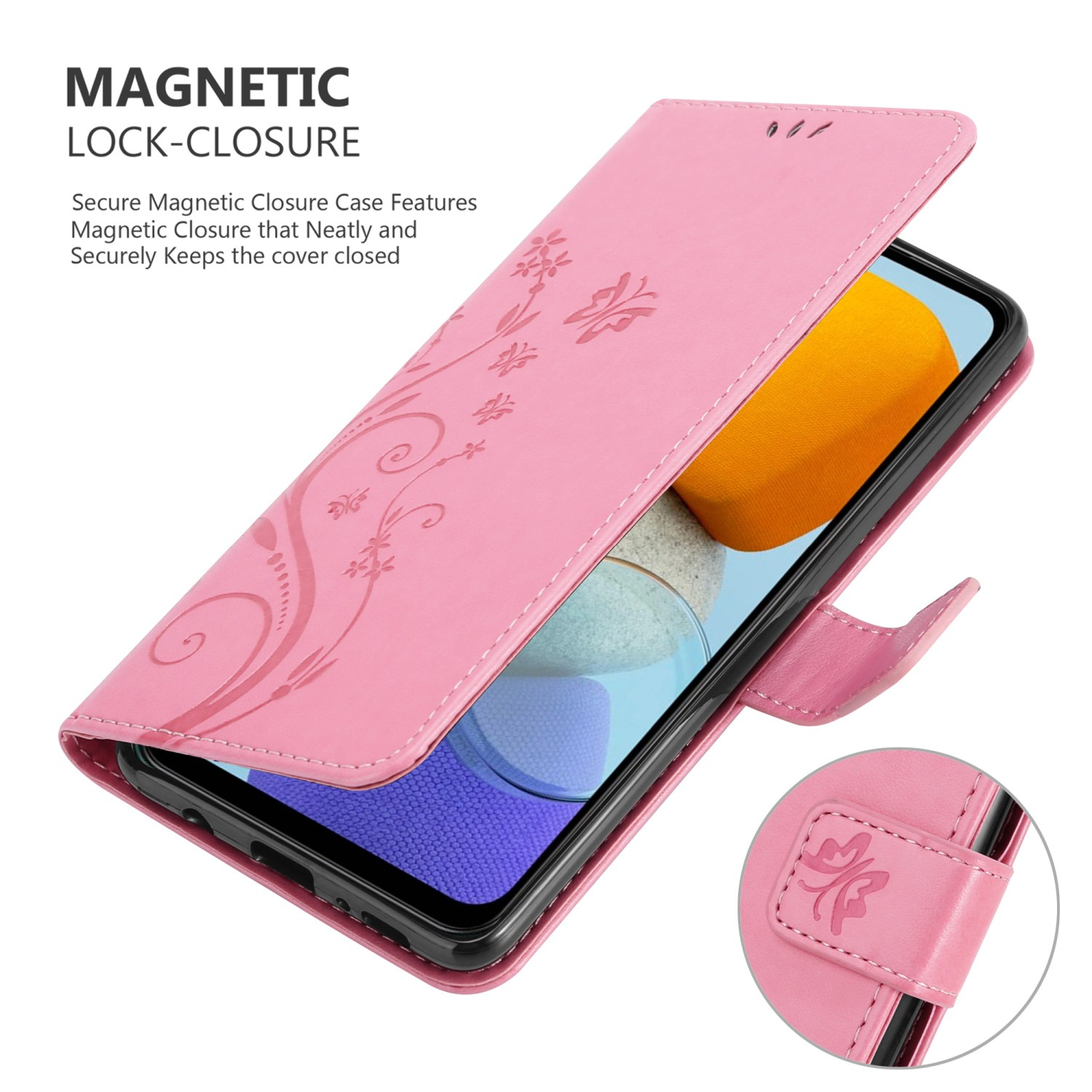 Custodia per telefono rosa aperta, che mostra lo schermo. Design floreale con chiusura magnetica.