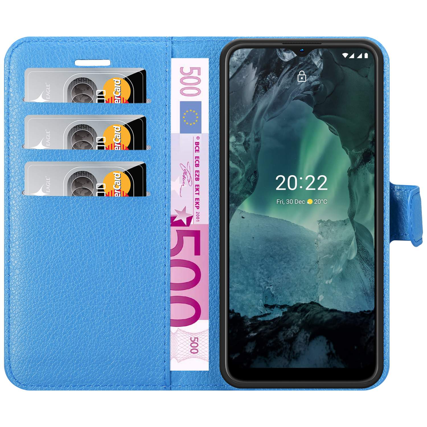 Custodia blu con telefono, carte e denaro.