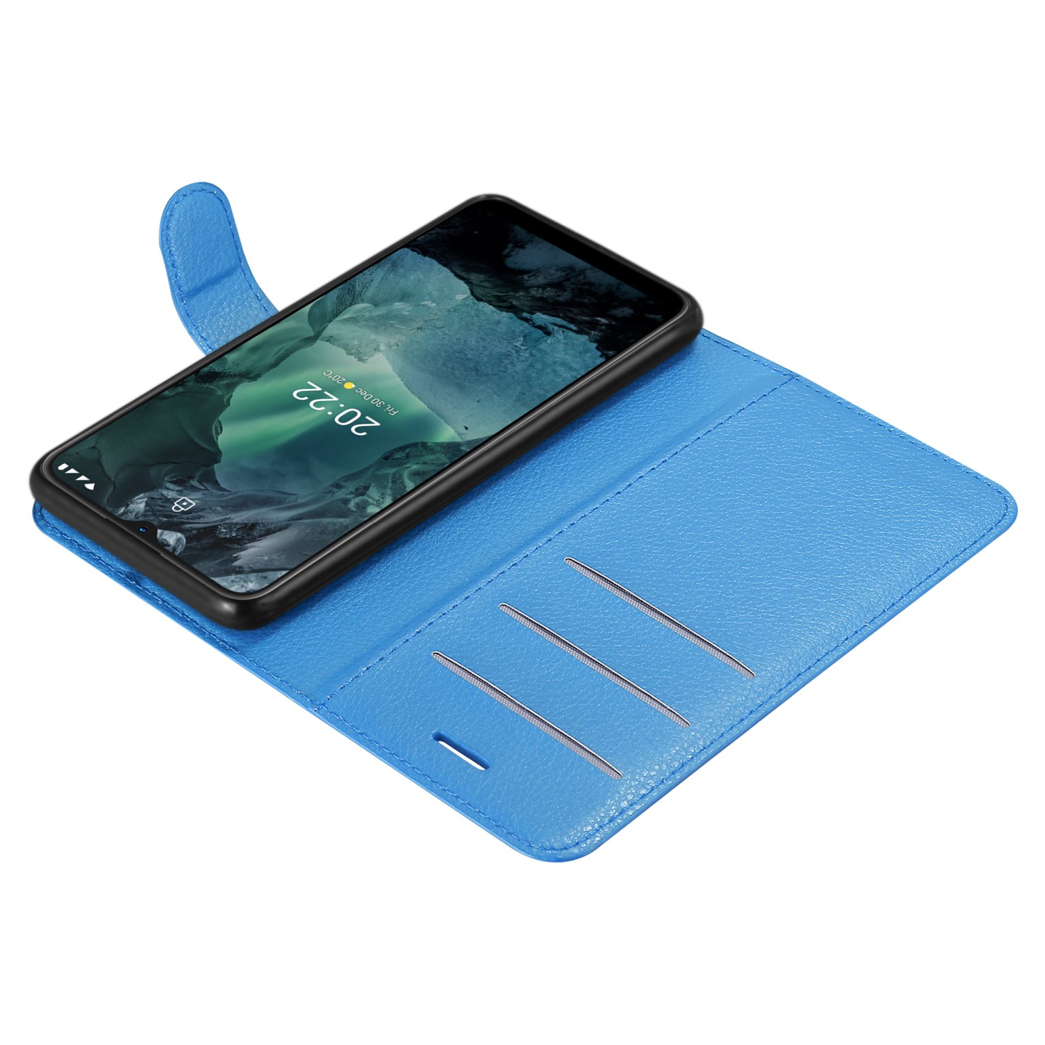 Una custodia blu aperta con un telefono all'interno. Il telefono mostra uno schermo con un paesaggio.