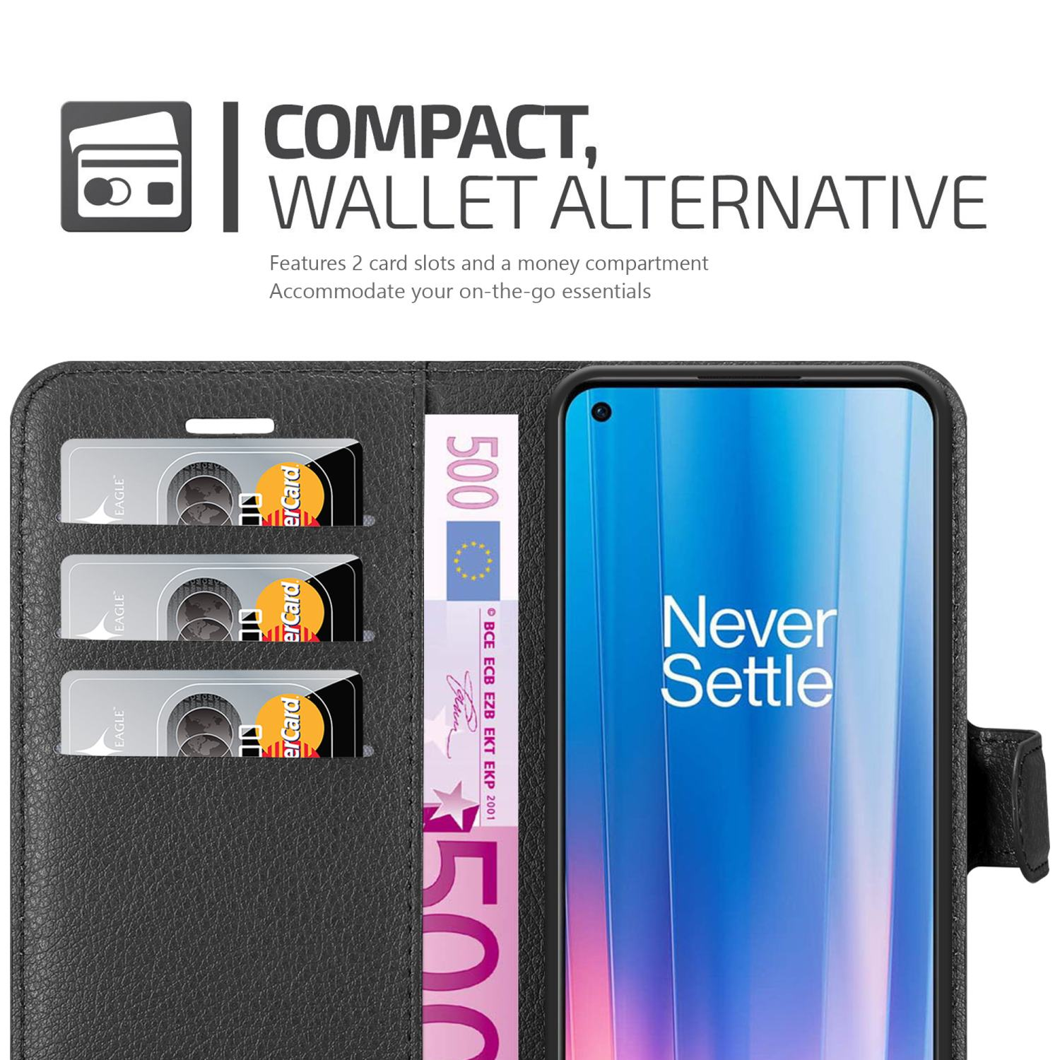 Custodia nera con tre slot per carte e un vano portabanconote. Un telefono è visibile.