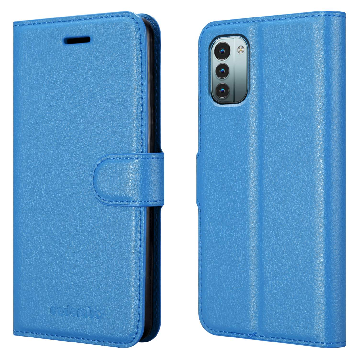 Custodia blu per telefono. La custodia è aperta, mostrando il retro del telefono. Testo: 'caderabo'.